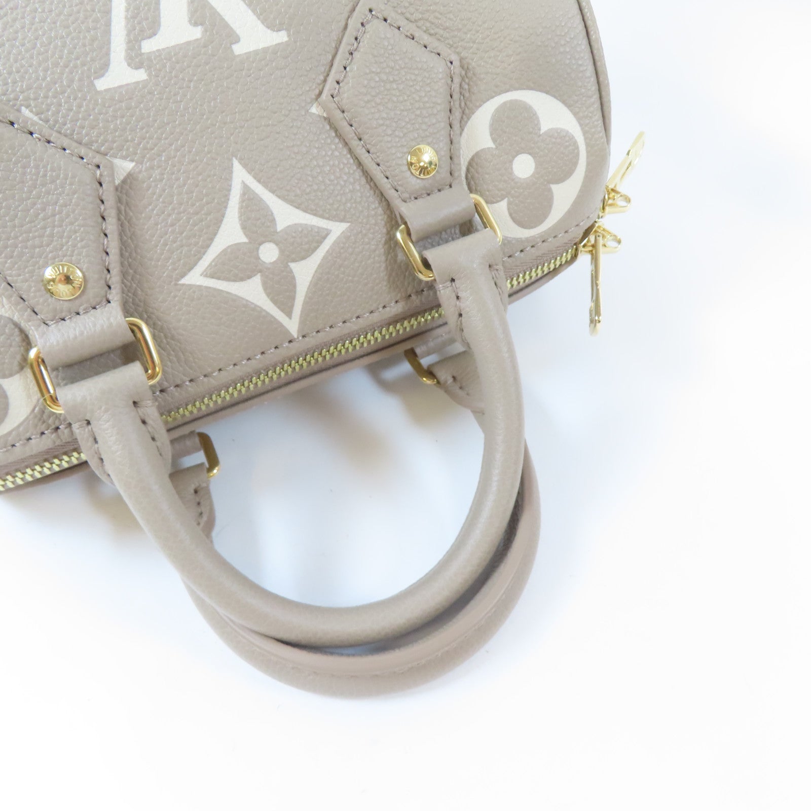 LOUIS VUITTON Monogram Empreinte Nano Speedy金扣鏈帶手挽肩背兩用袋米色