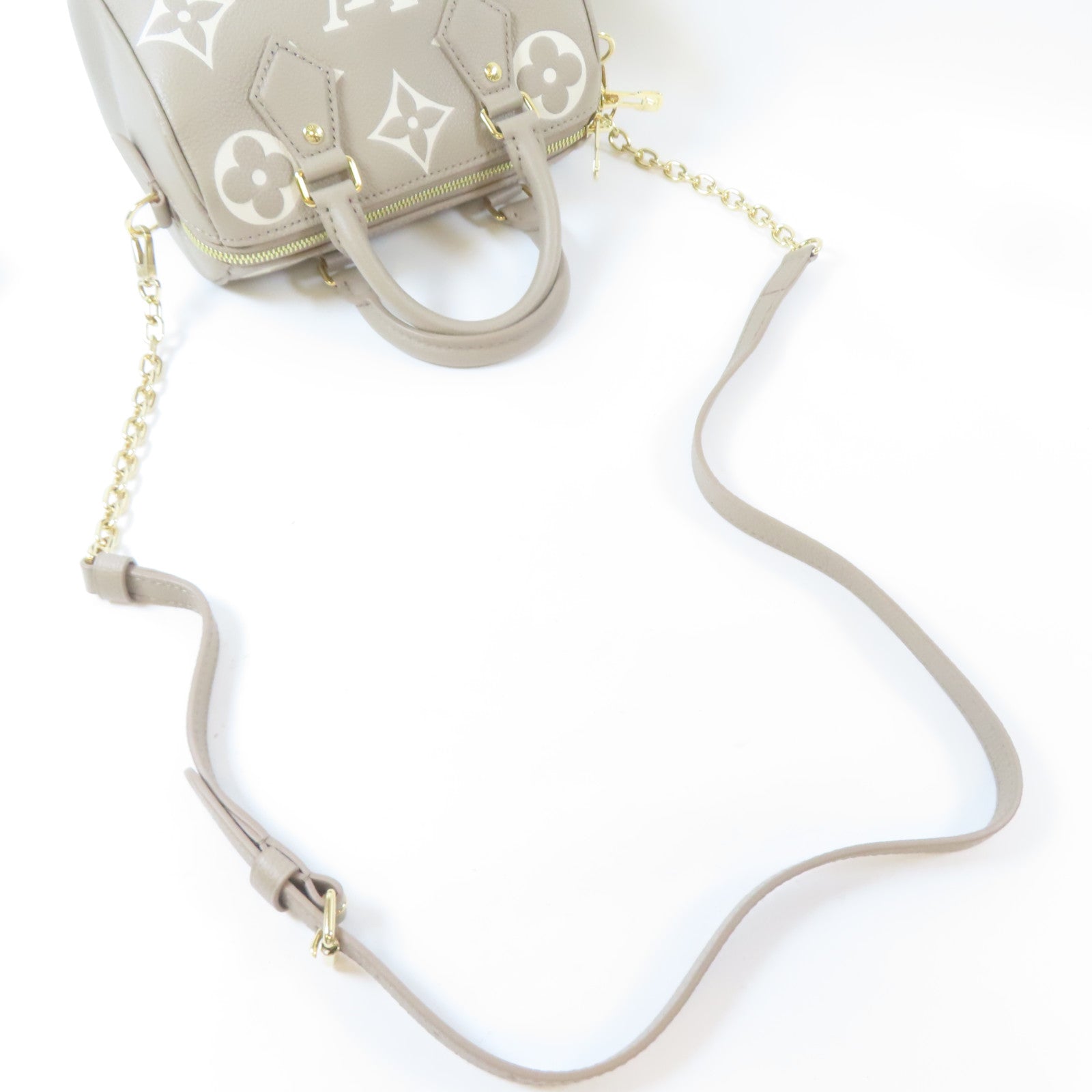 LOUIS VUITTON Monogram Empreinte Nano Speedy金扣鏈帶手挽肩背兩用袋米色