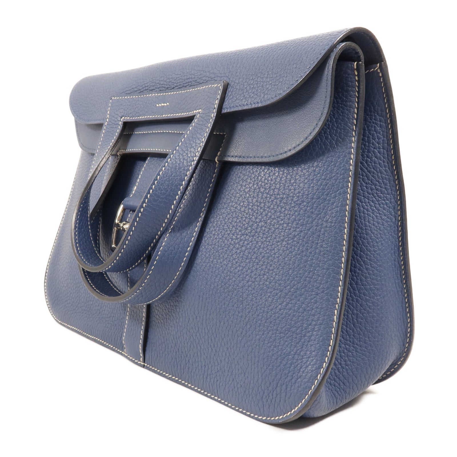 HERMES Clemence皮革Halzan 31銀扣手挽肩背兩用袋Bleu Agate
