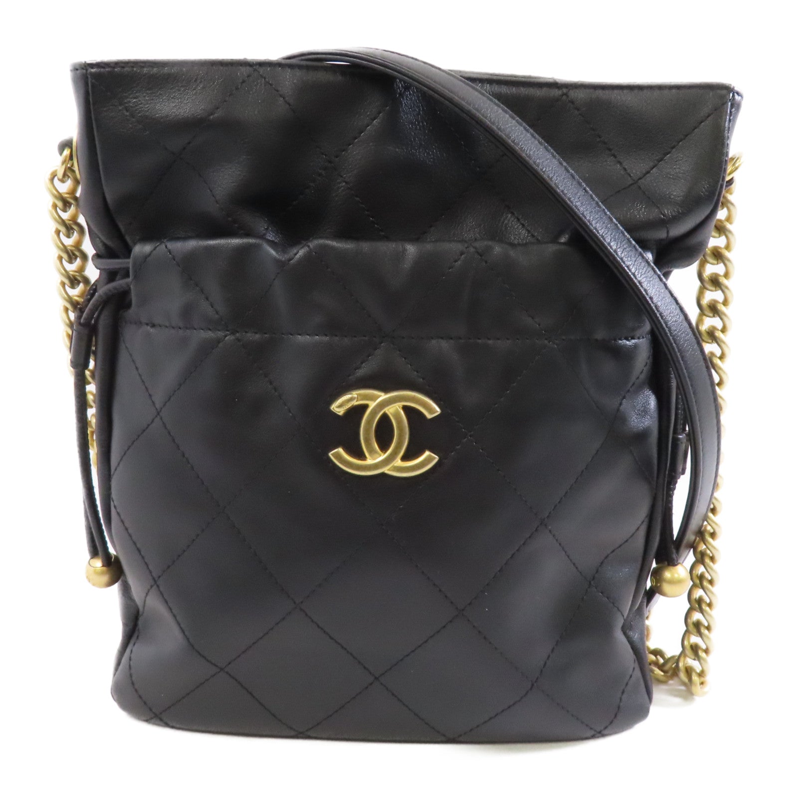 CHANEL 菱格牛皮皮革Drawstring Bag金扣鏈帶肩背袋黑色