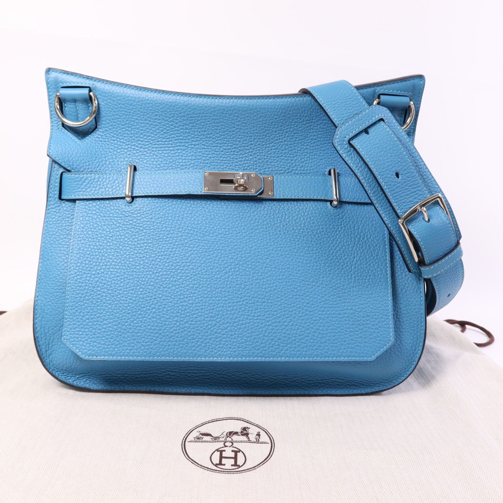 HERMES Clemence皮革Jypesiere 34銀扣肩背袋Turquoise