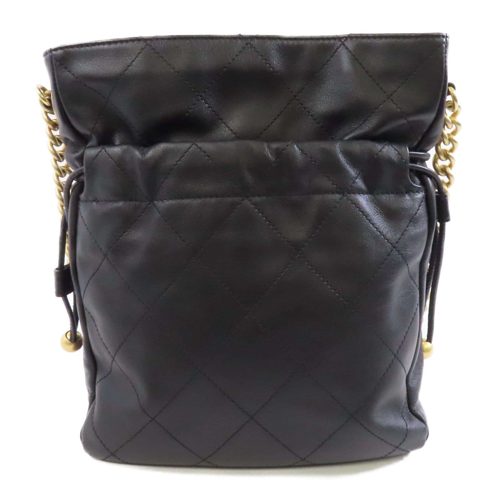 CHANEL 菱格牛皮皮革Drawstring Bag金扣鏈帶肩背袋黑色