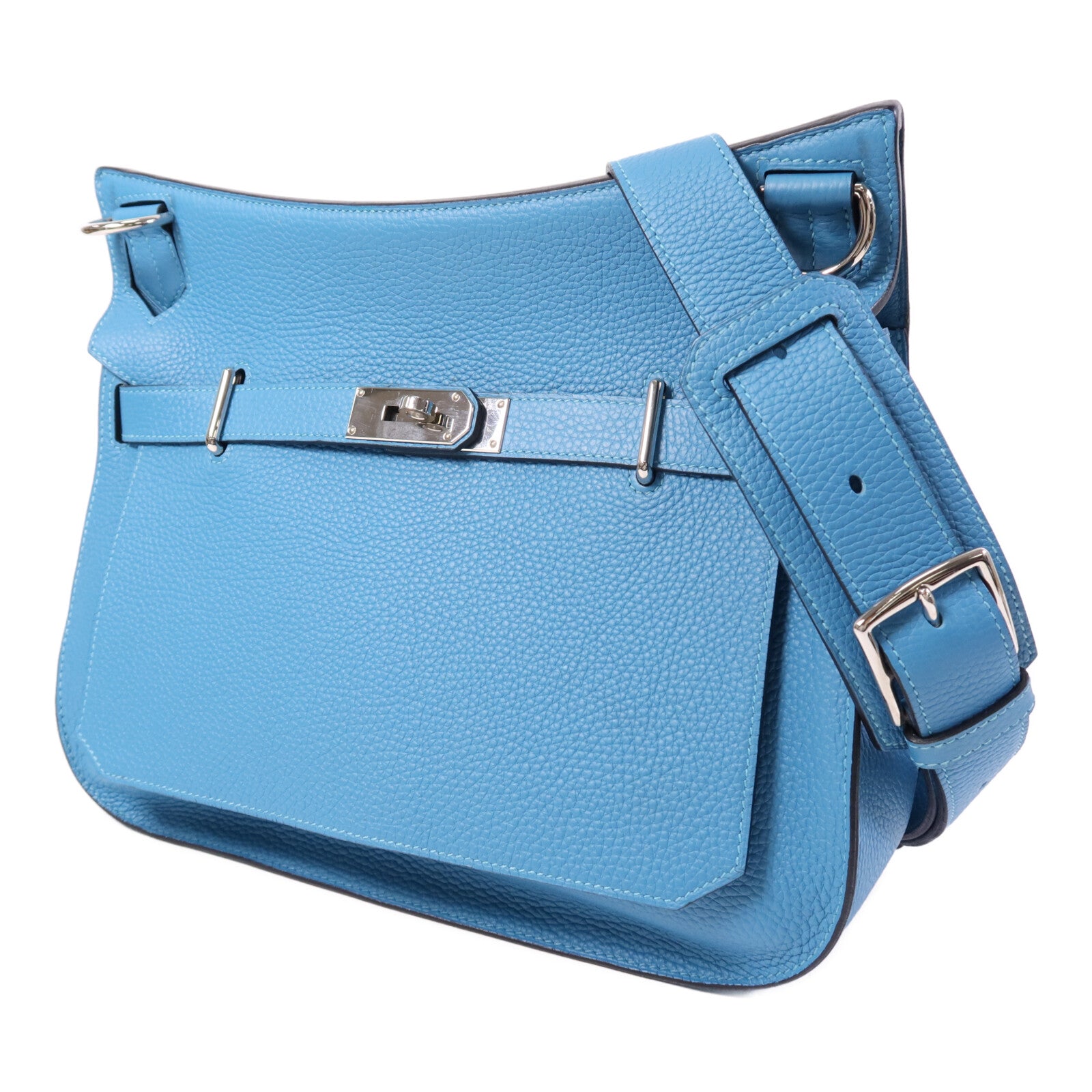 HERMES Clemence皮革Jypesiere 34銀扣肩背袋Turquoise