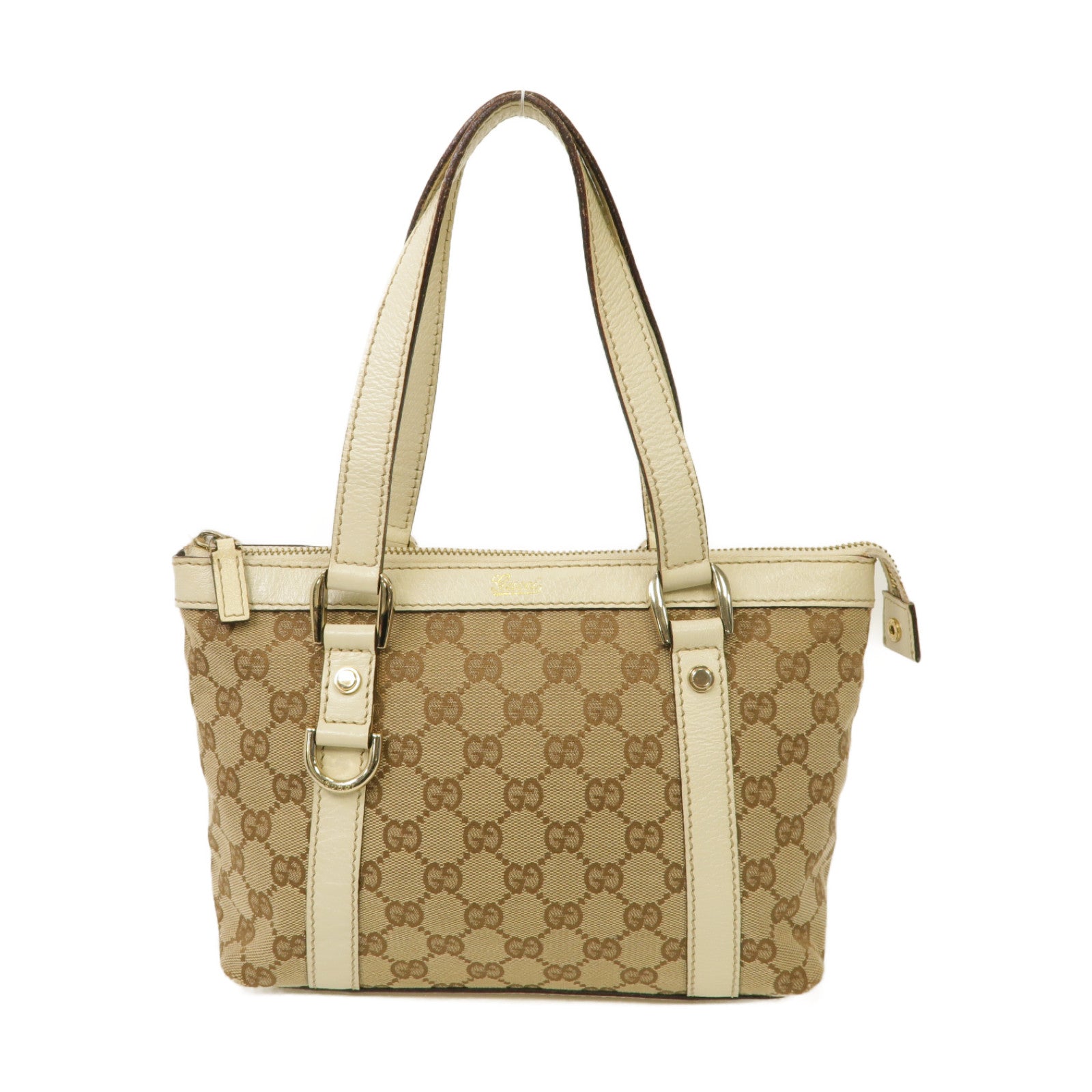GUCCI 【激減優惠】帆布/皮革Handbag金扣手挽袋啡色/白色