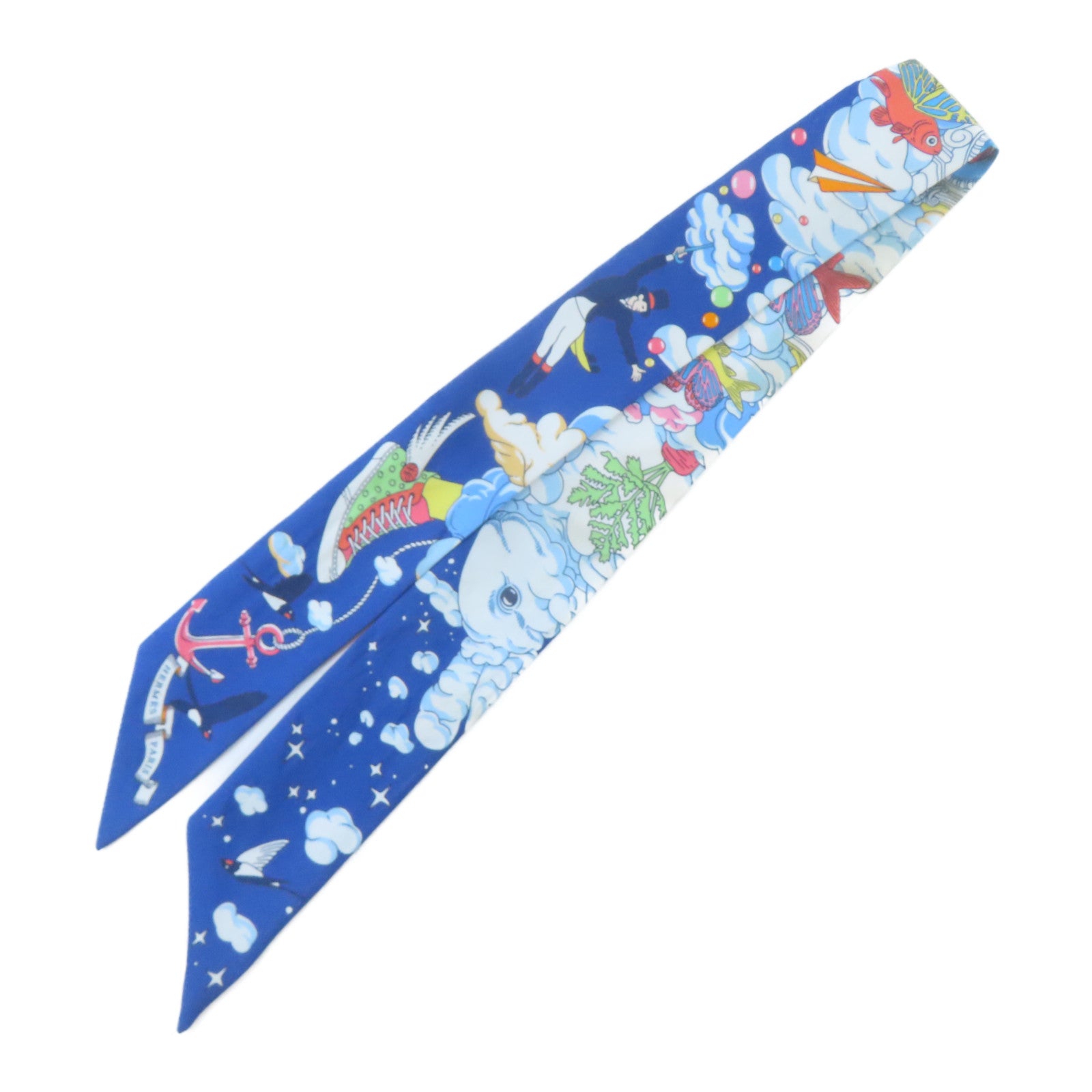 HERMES 絲質Twilly絲巾藍色/白色/橙色/黃色