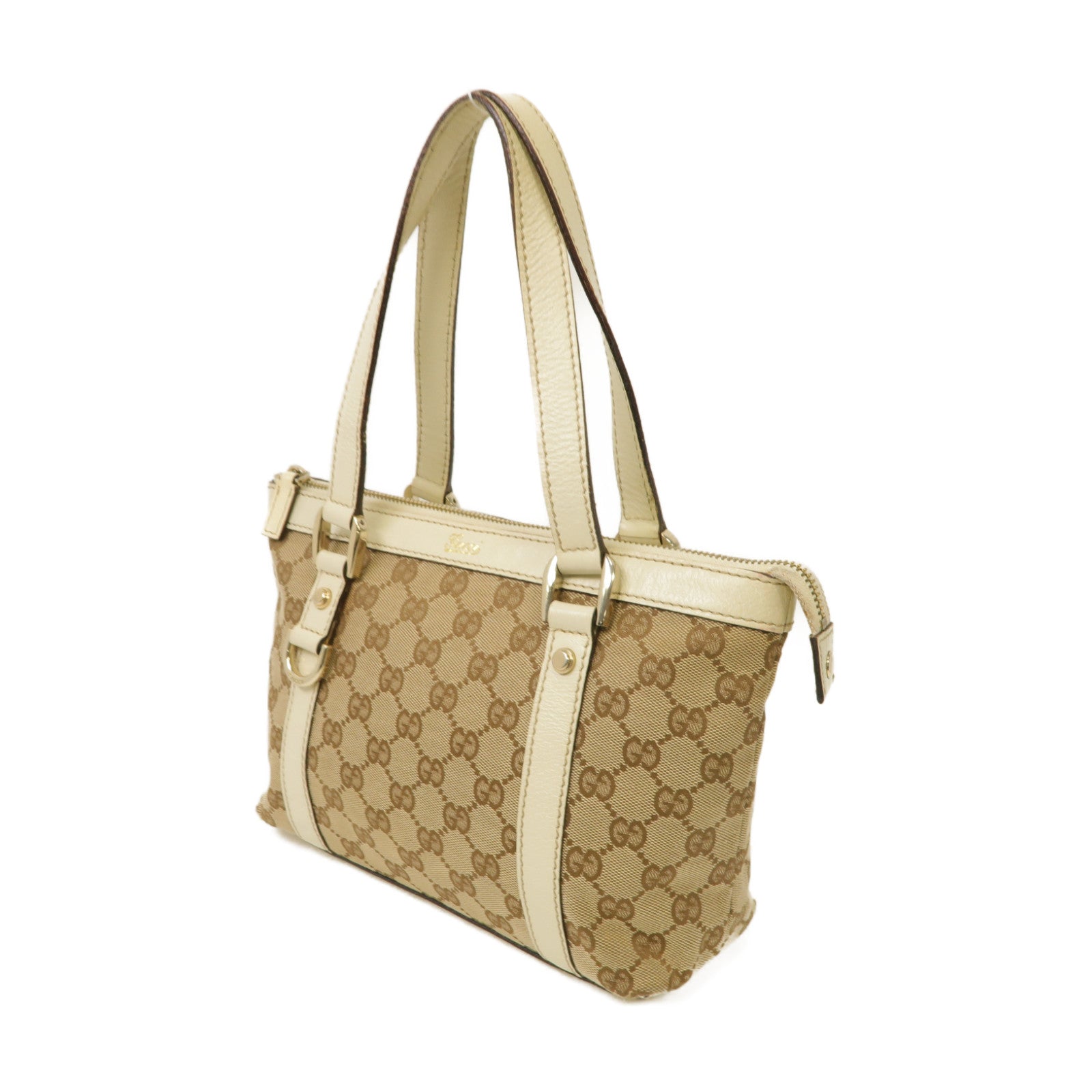 GUCCI 【激減優惠】帆布/皮革Handbag金扣手挽袋啡色/白色