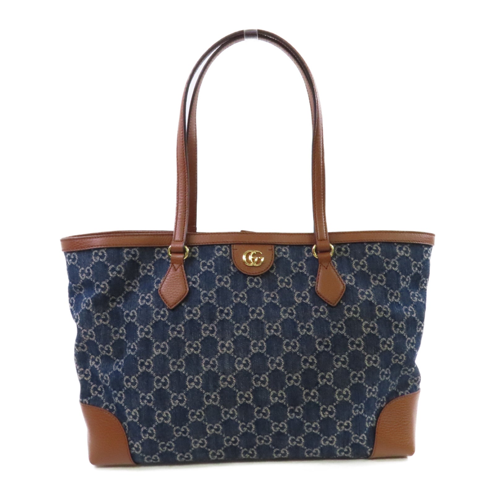 GUCCI 牛仔布GG Tote Bag金扣肩背袋藍色/啡色