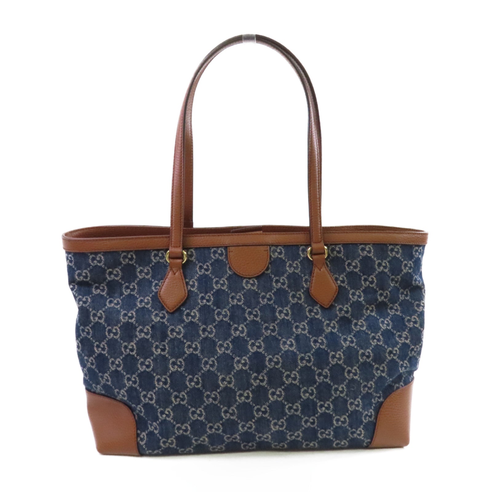 GUCCI 牛仔布GG Tote Bag金扣肩背袋藍色/啡色