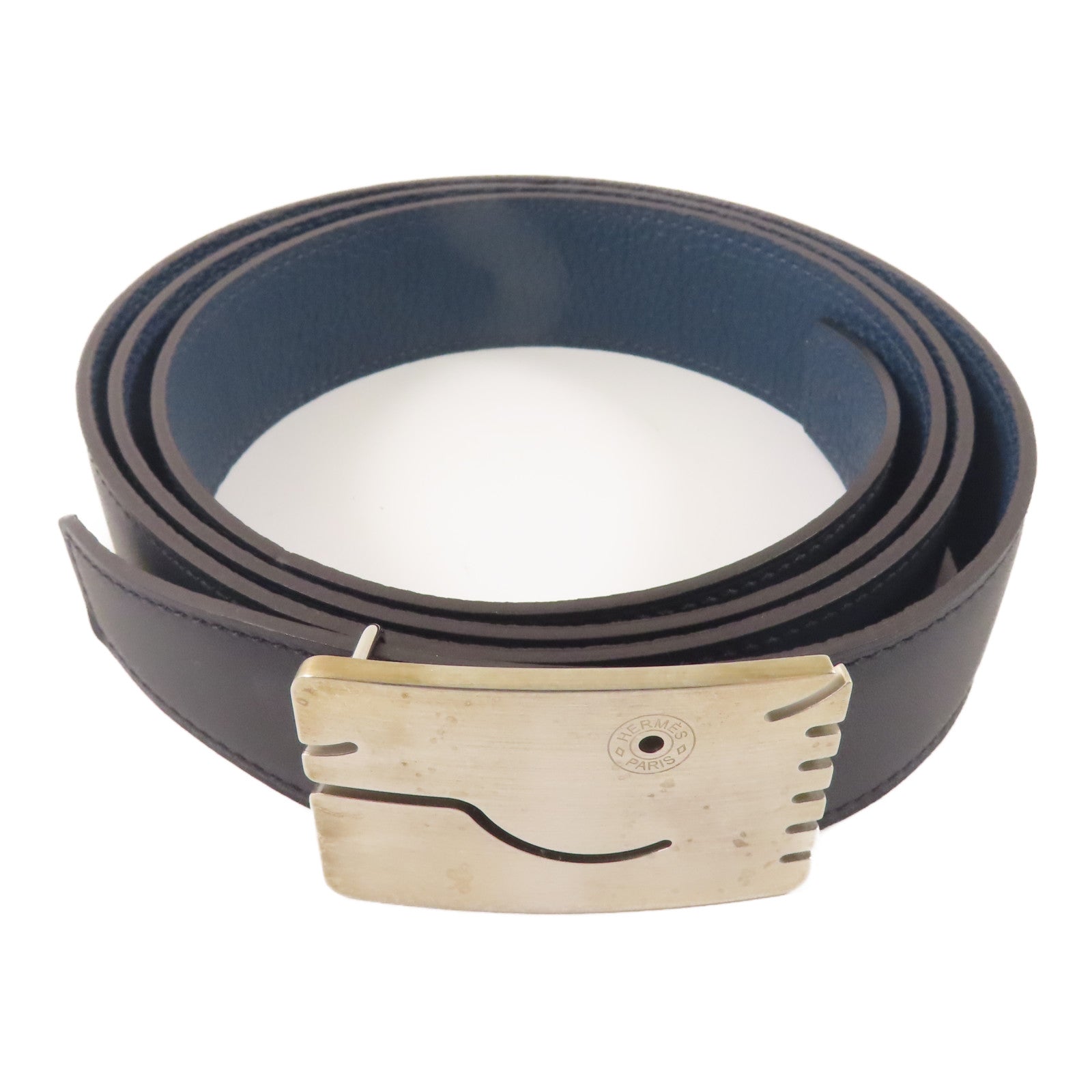 HERMES 牛皮皮革A Cheval Belt銀扣皮帶Nori/黑色