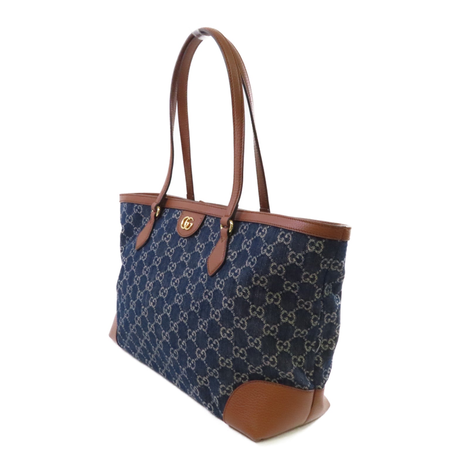 GUCCI 牛仔布GG Tote Bag金扣肩背袋藍色/啡色