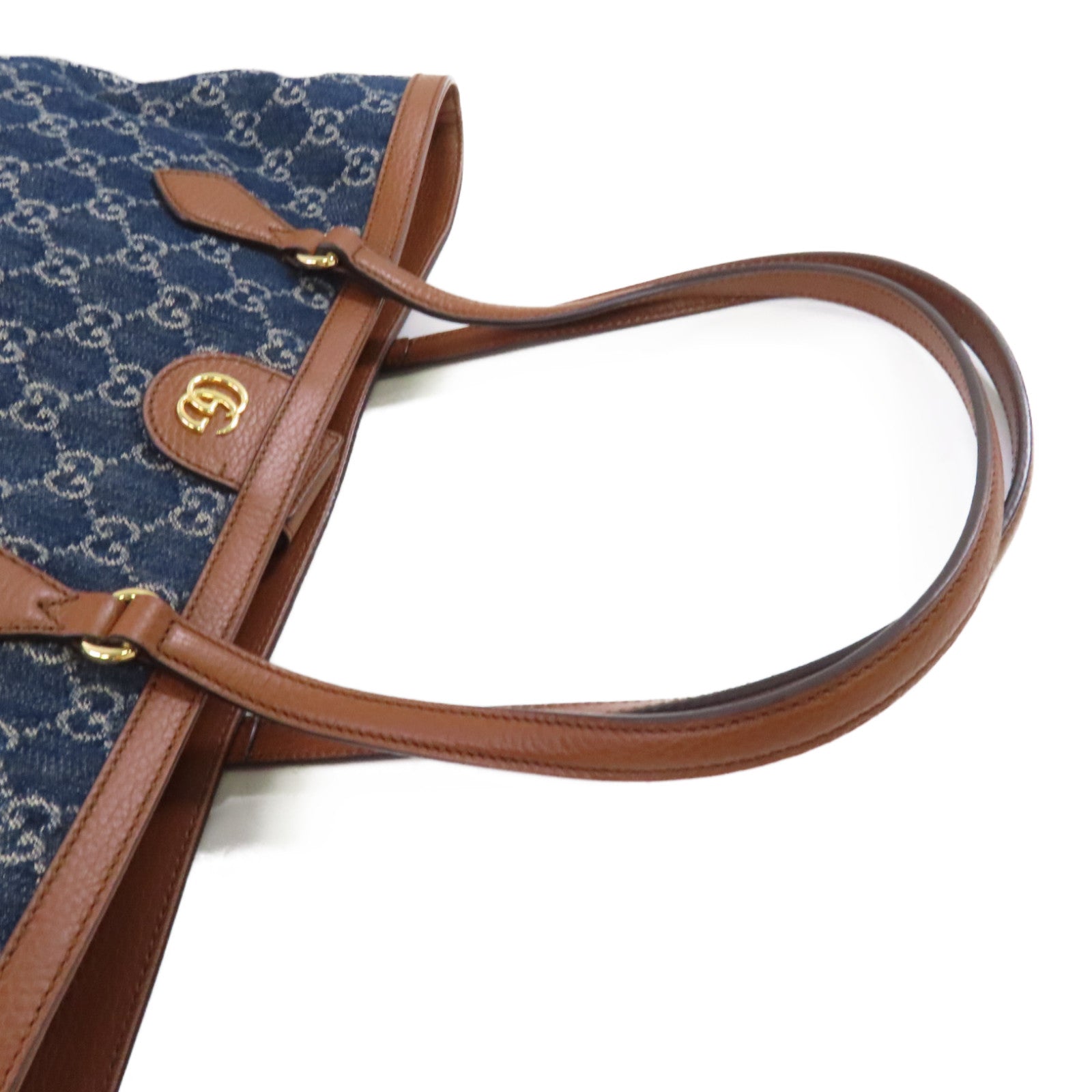 GUCCI 牛仔布GG Tote Bag金扣肩背袋藍色/啡色