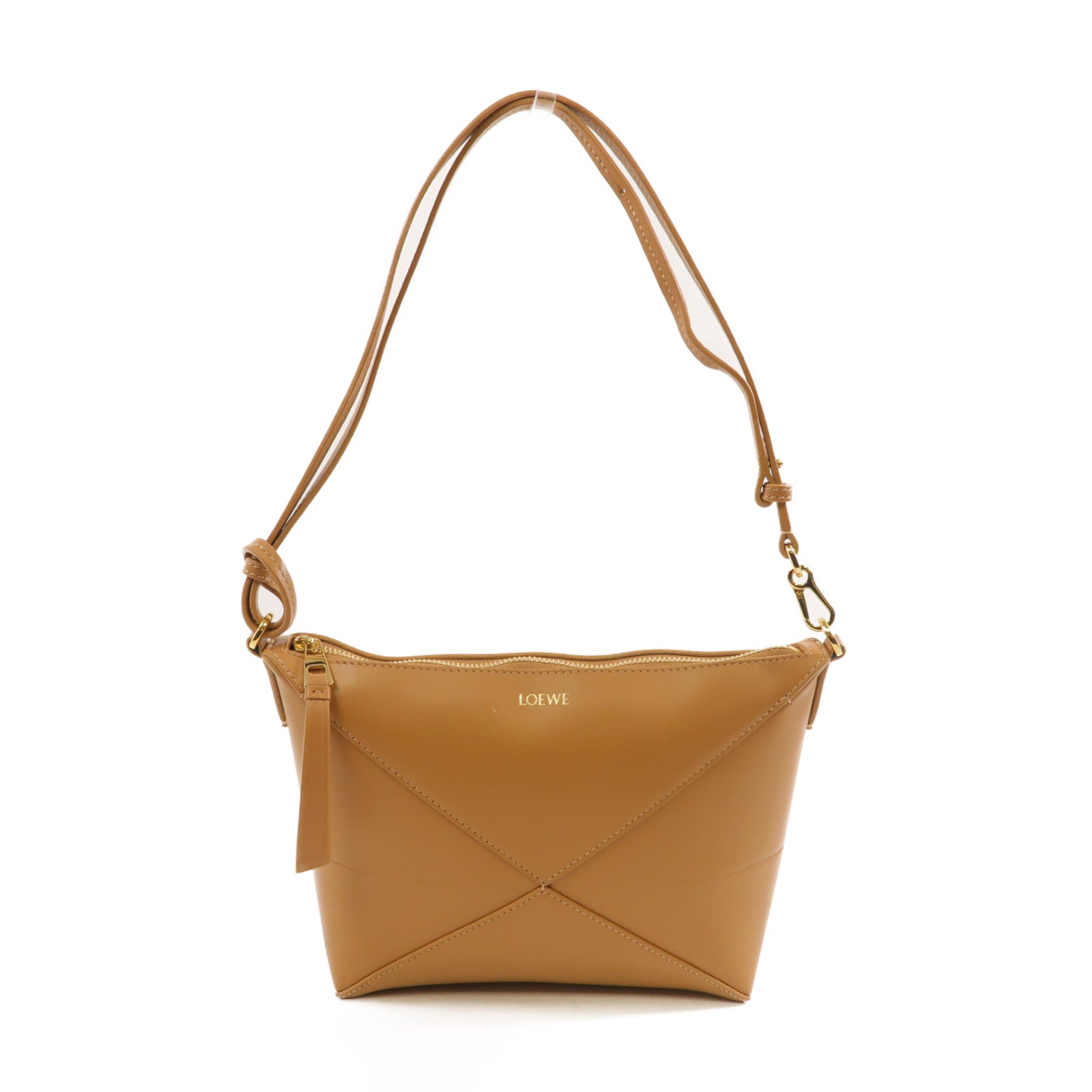 LOEWE 牛皮皮革Puzzle Fold Pouch金扣肩背袋棕色