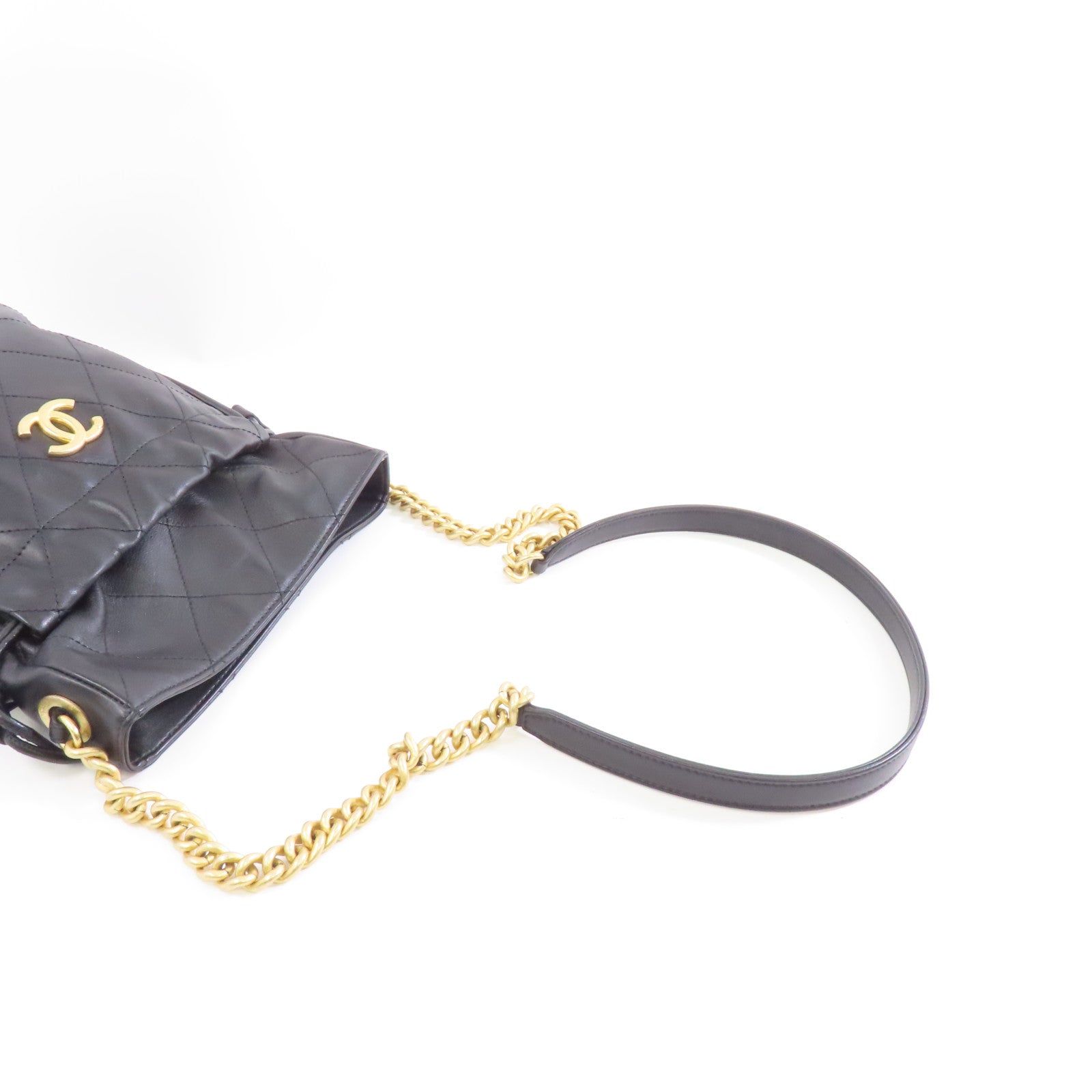 CHANEL 菱格牛皮皮革Drawstring Bag金扣鏈帶肩背袋黑色