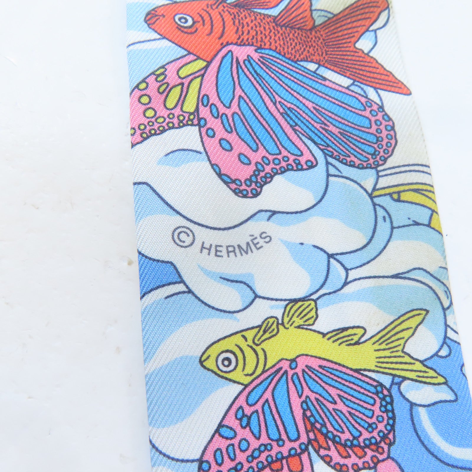 HERMES 絲質Twilly絲巾藍色/白色/橙色/黃色