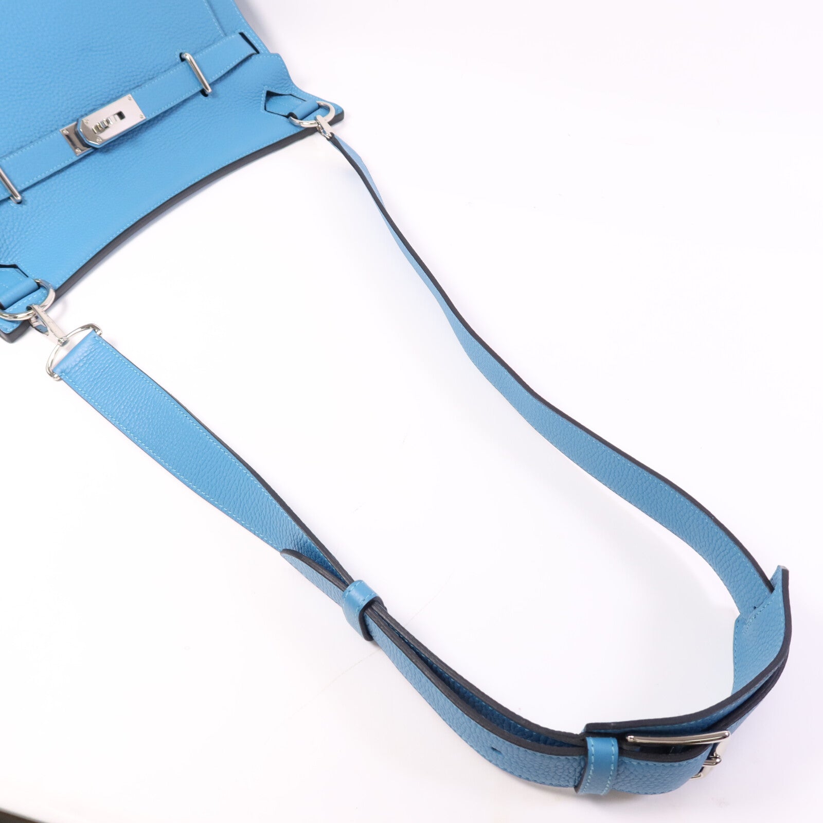 HERMES Clemence皮革Jypesiere 34銀扣肩背袋Turquoise