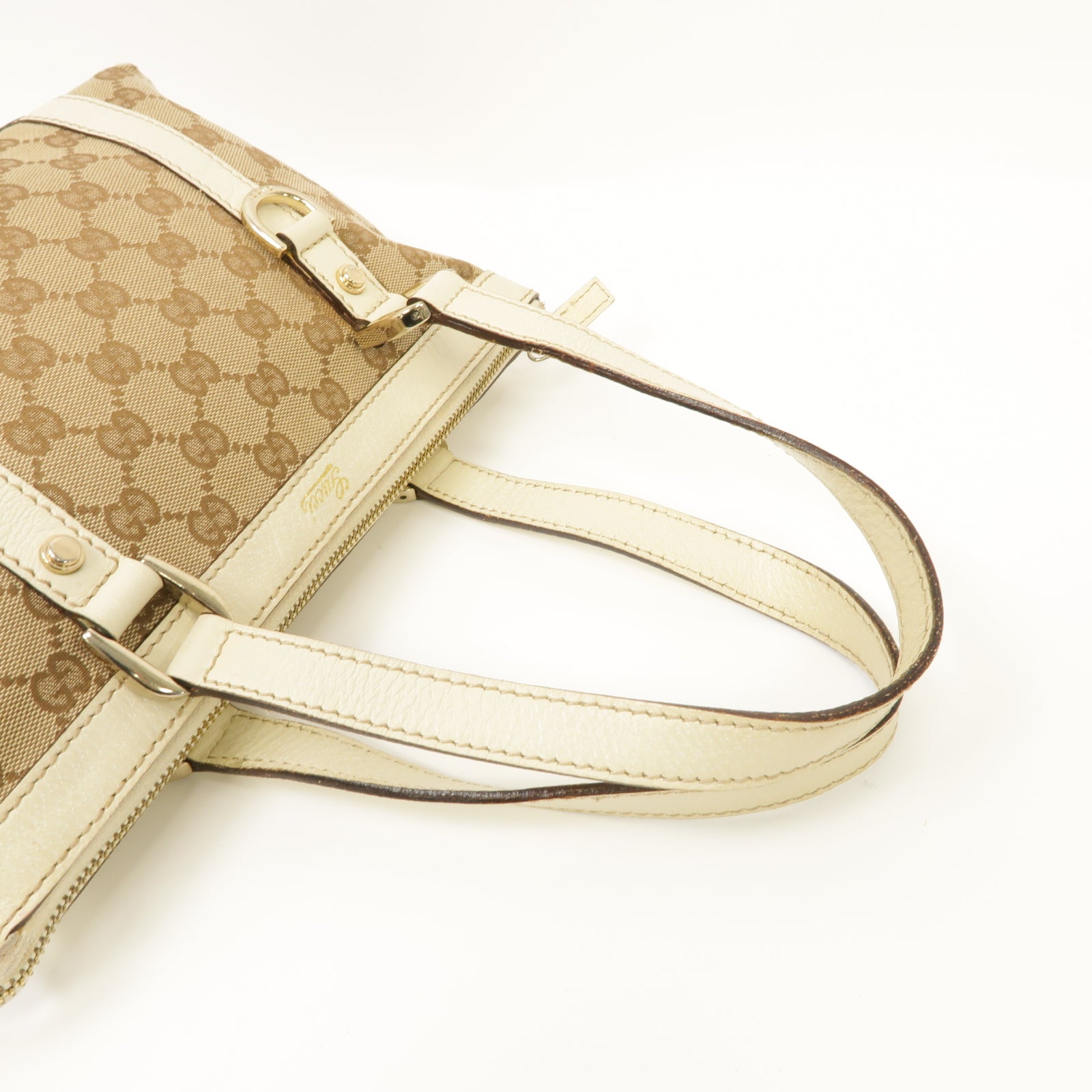 GUCCI 【激減優惠】帆布/皮革Handbag金扣手挽袋啡色/白色