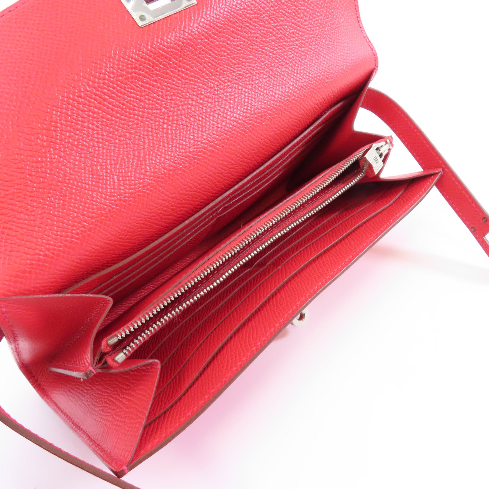 HERMES 【激減優惠】Epsom皮革Kelly Wallet銀扣長錢包紅色