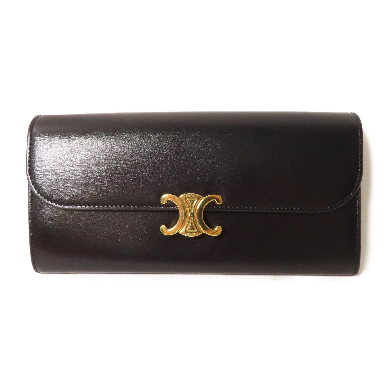 CELINE 牛皮皮革Triomphe Long Wallet金扣長錢包黑色