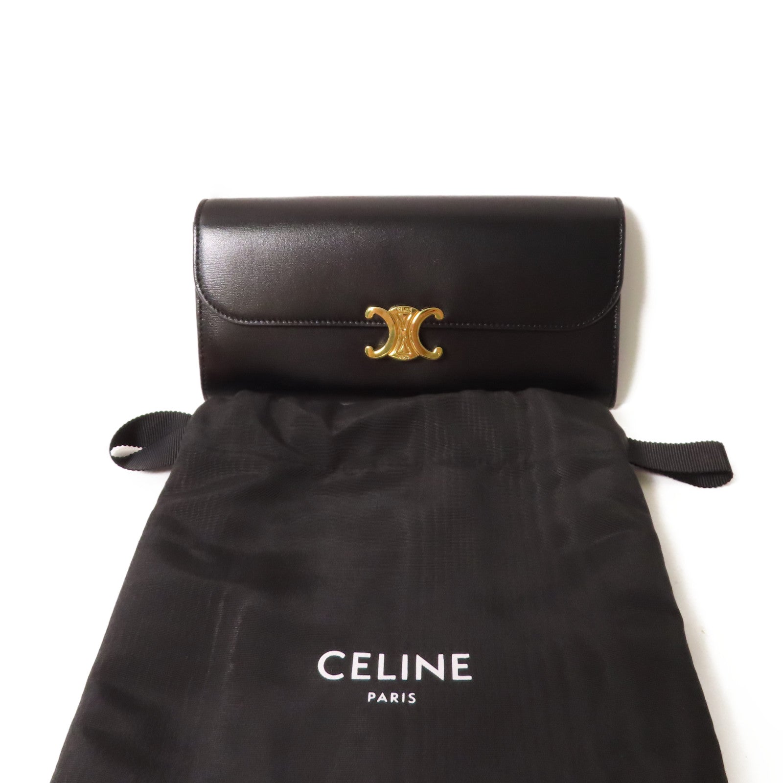 CELINE 牛皮皮革Triomphe Long Wallet金扣長錢包黑色
