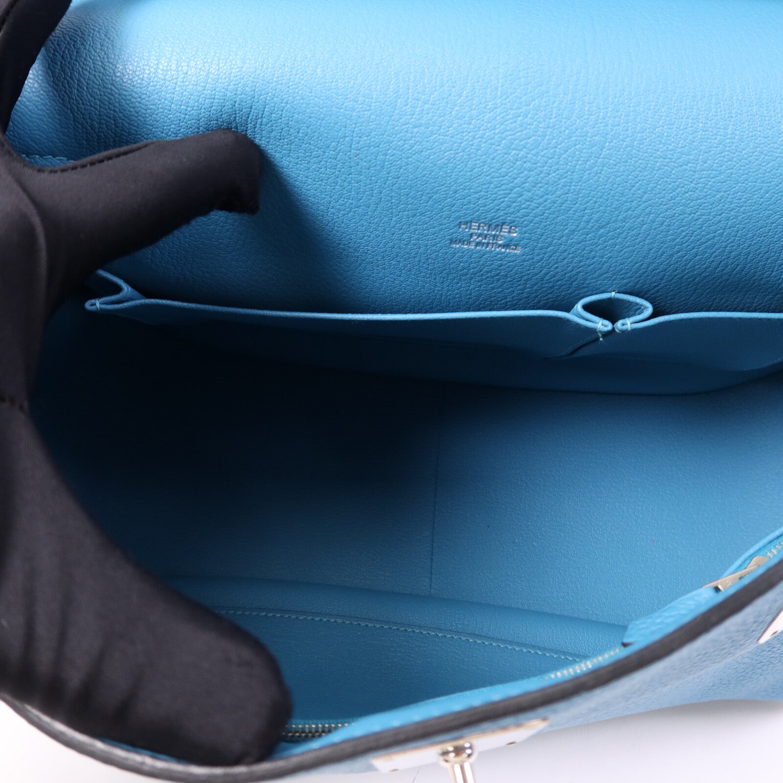 HERMES Clemence皮革Jypesiere 34銀扣肩背袋Turquoise