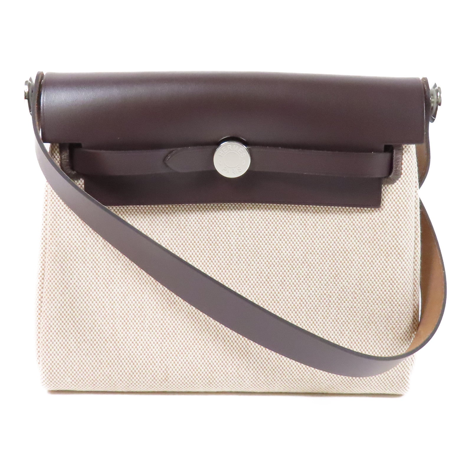 HERMES 帆布Mini Herbag銀扣肩背袋Ebene