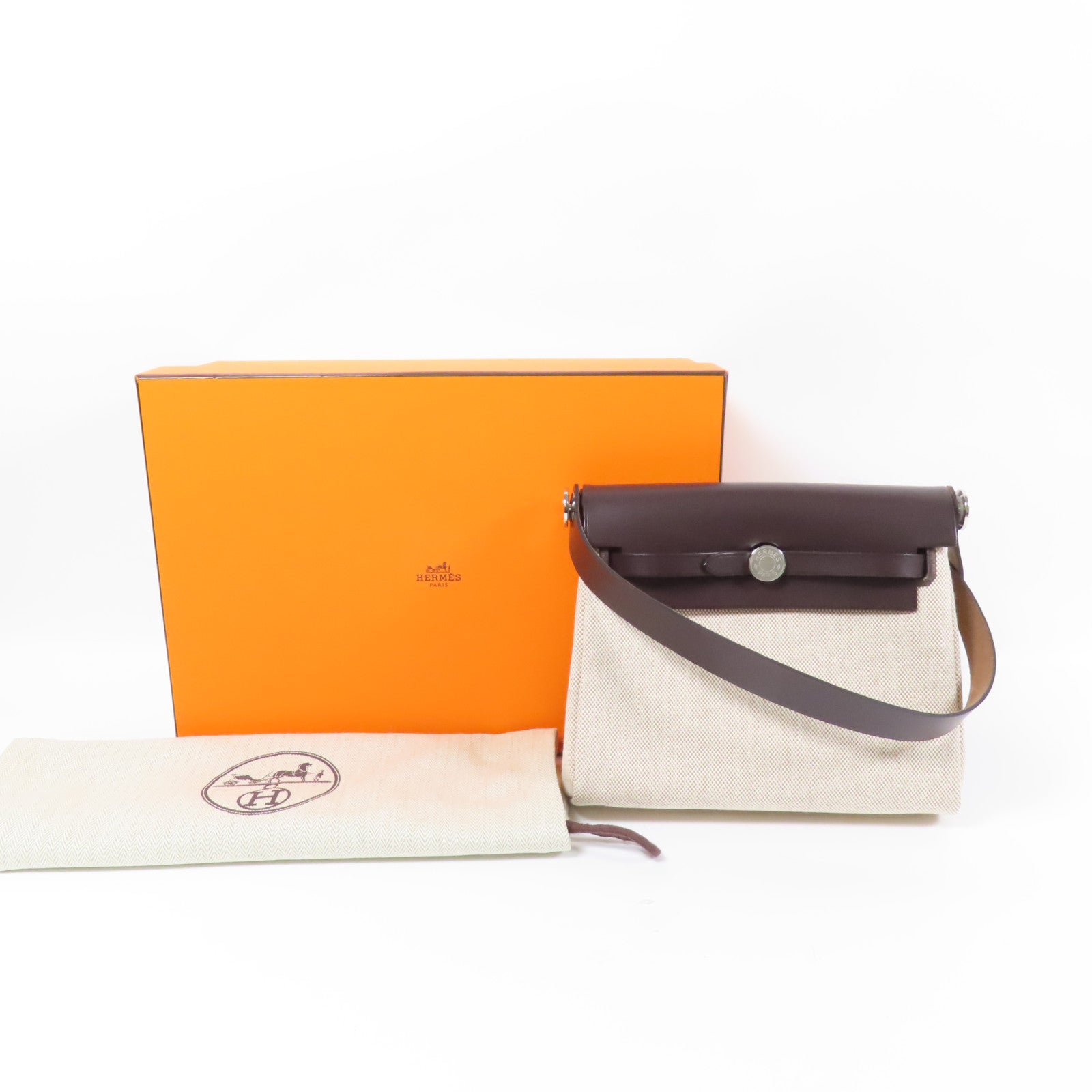 HERMES 帆布Mini Herbag銀扣肩背袋Ebene