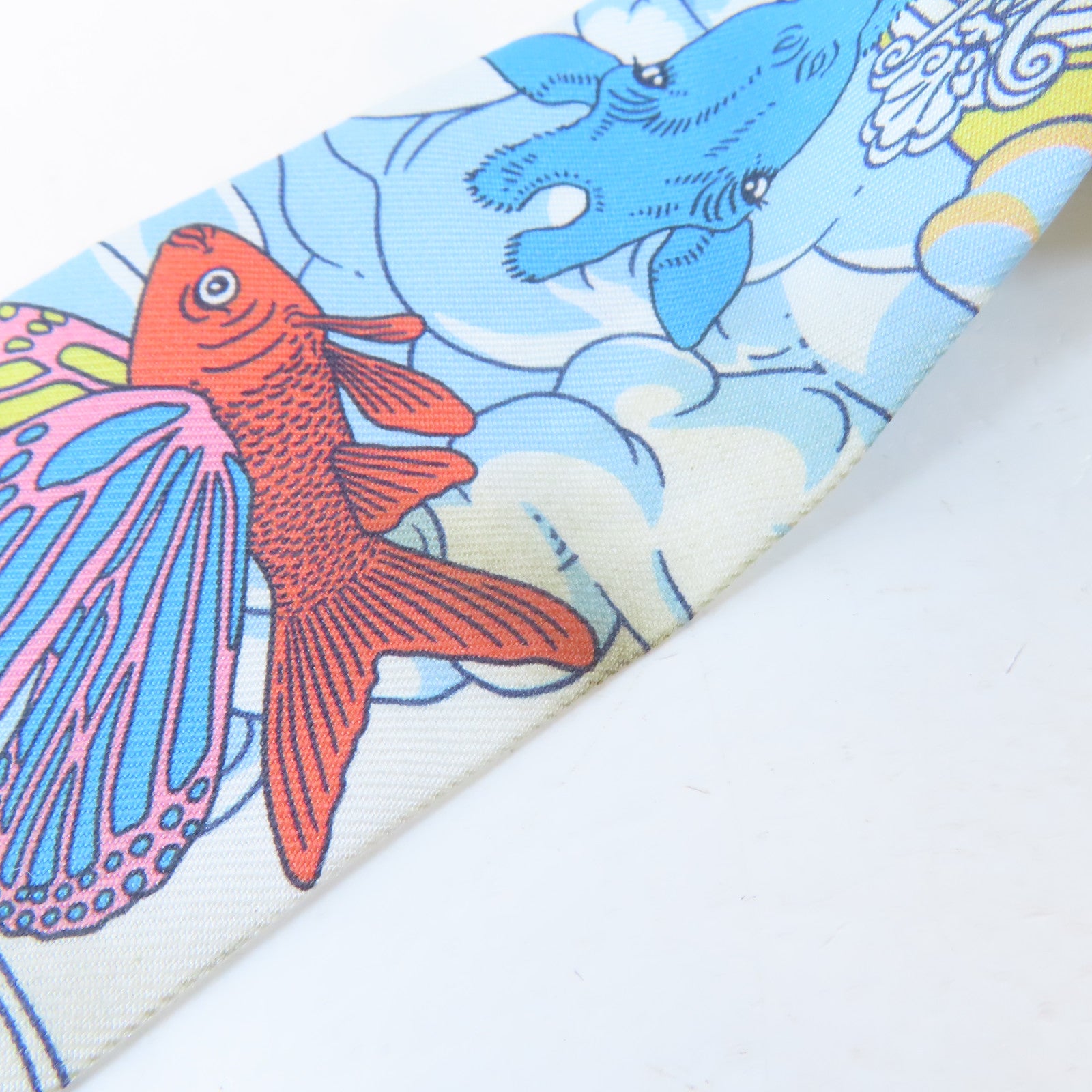 HERMES 絲質Twilly絲巾藍色/白色/橙色/黃色