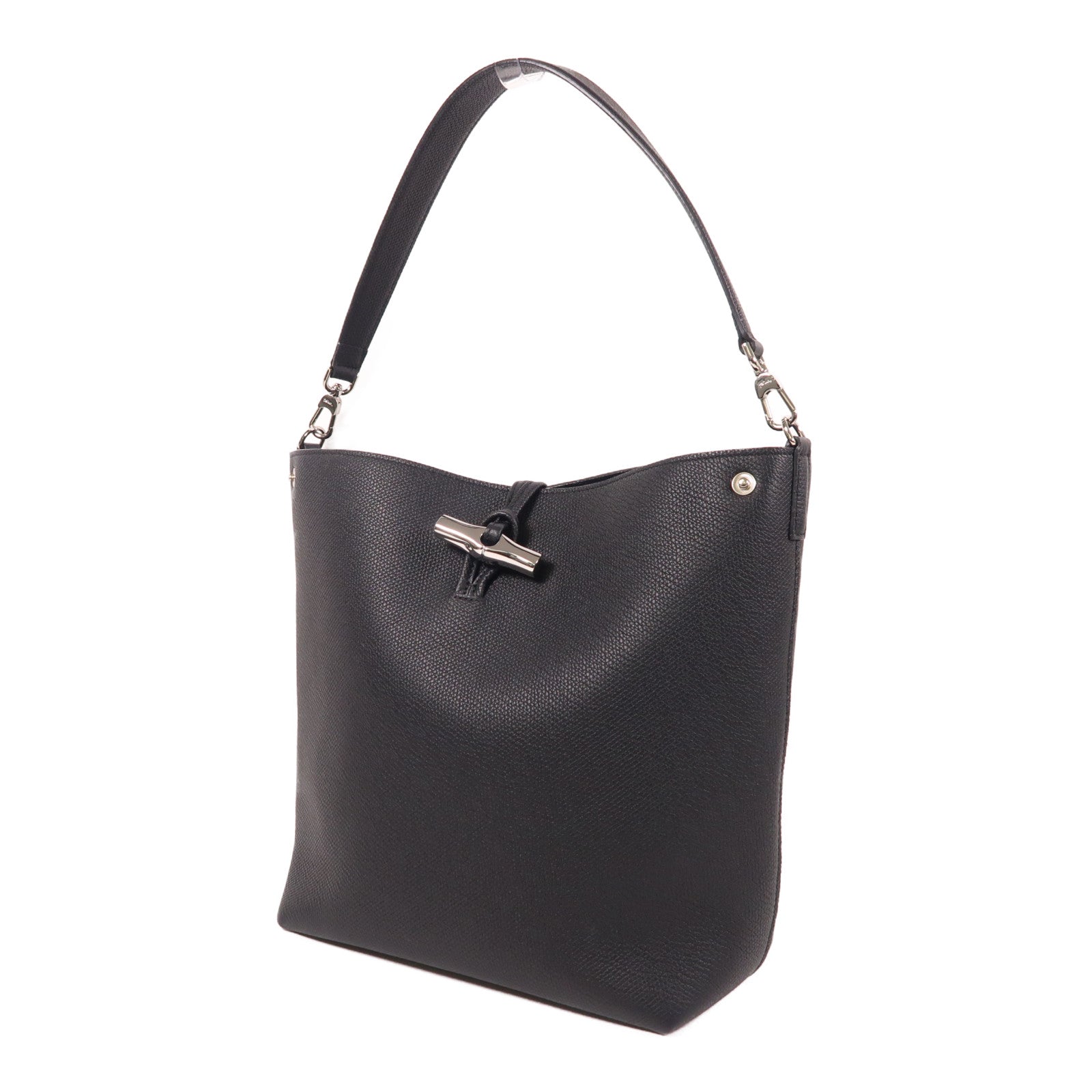 Longchamp 牛皮皮革Shoulder Bag銀扣肩背袋黑色