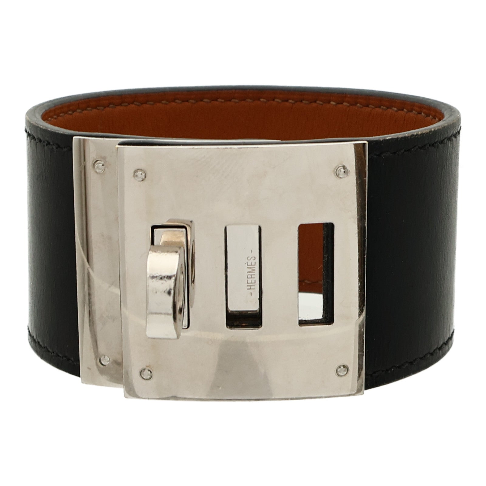 HERMES Box Calf皮革/金屬Kelly Dog手鐲Noir