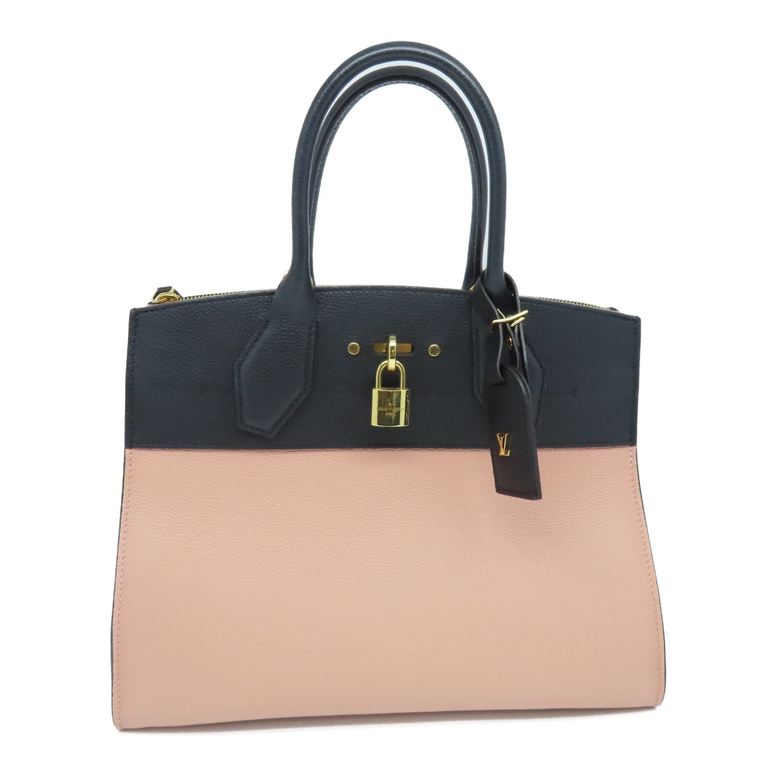 LOUIS VUITTON Leather City Steames MM Gold Buckle Tote Bag Black/Pink (Without Shoulder Strap)