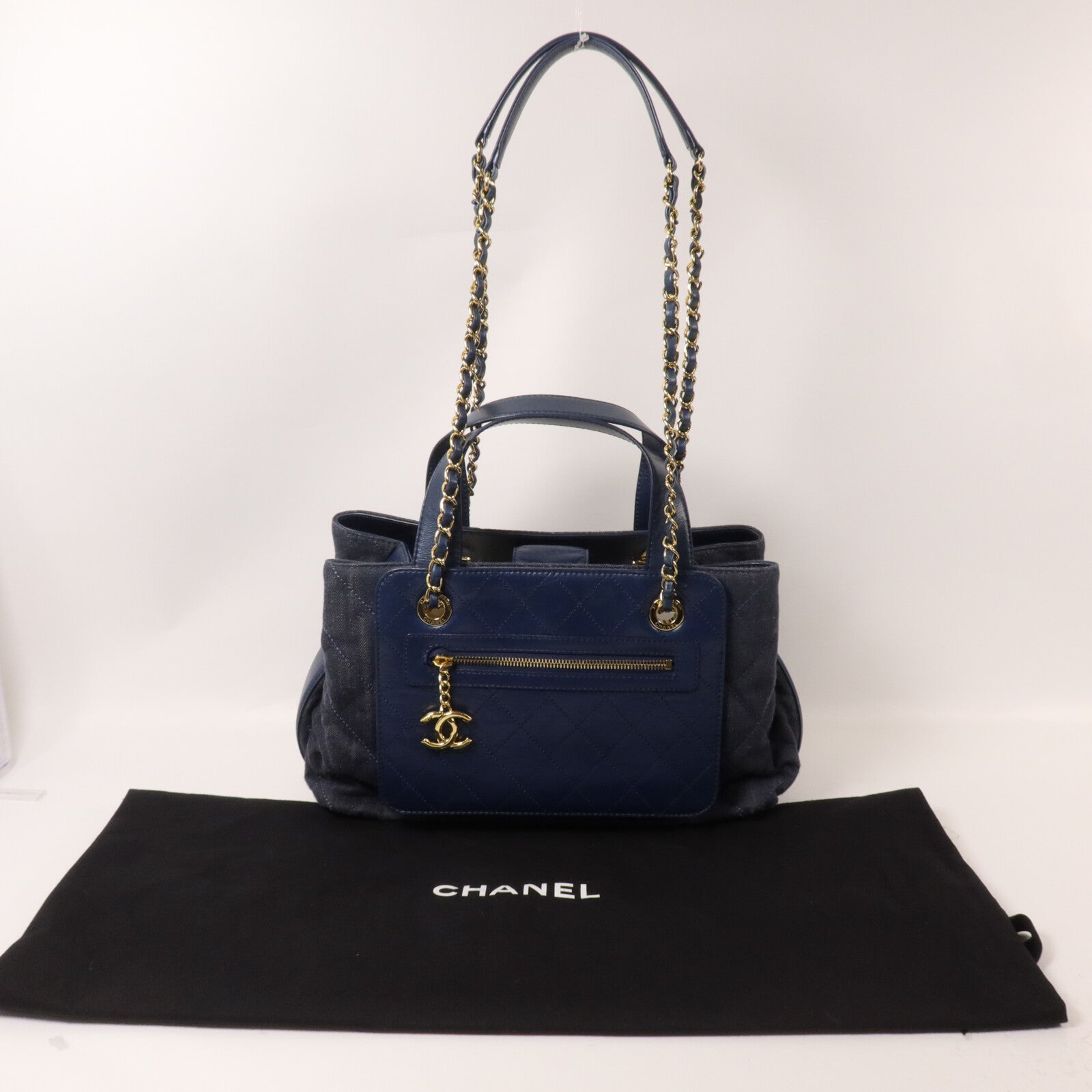CHANEL 牛仔布/牛皮皮革Shoulder Bag鏈帶手挽肩背兩用袋
