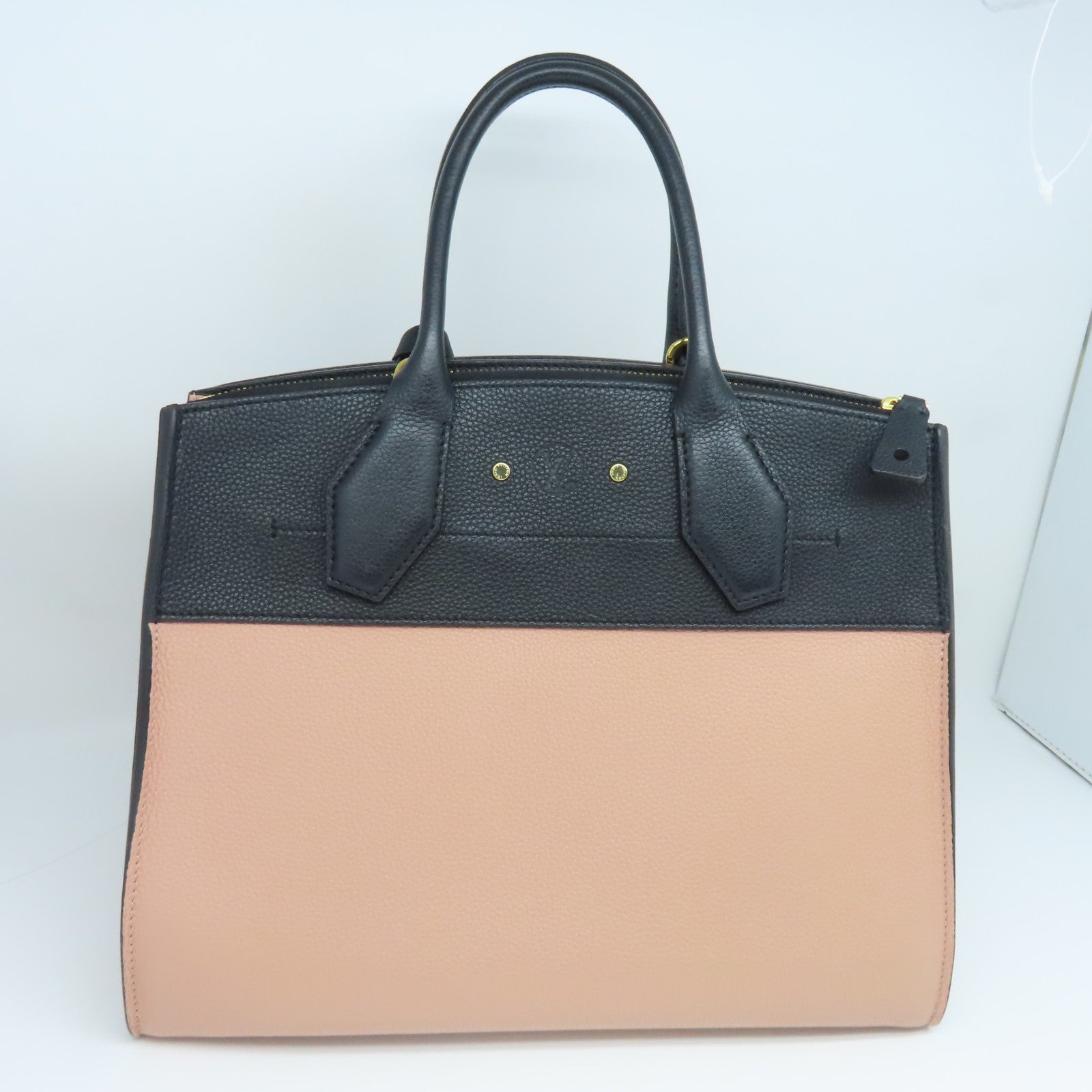 LOUIS VUITTON Leather City Steames MM Gold Buckle Tote Bag Black/Pink (Without Shoulder Strap)