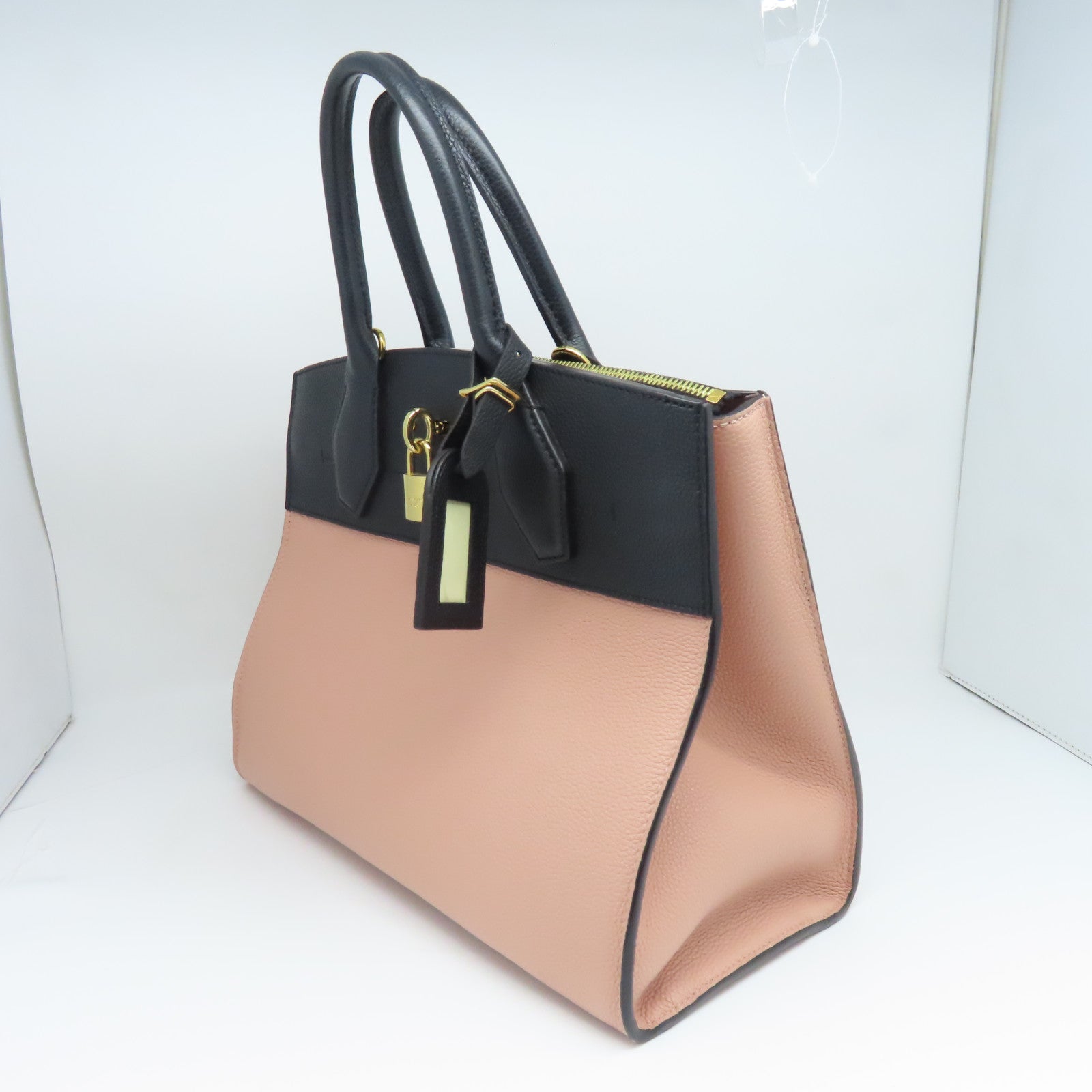 LOUIS VUITTON Leather City Steames MM Gold Buckle Tote Bag Black/Pink (Without Shoulder Strap)