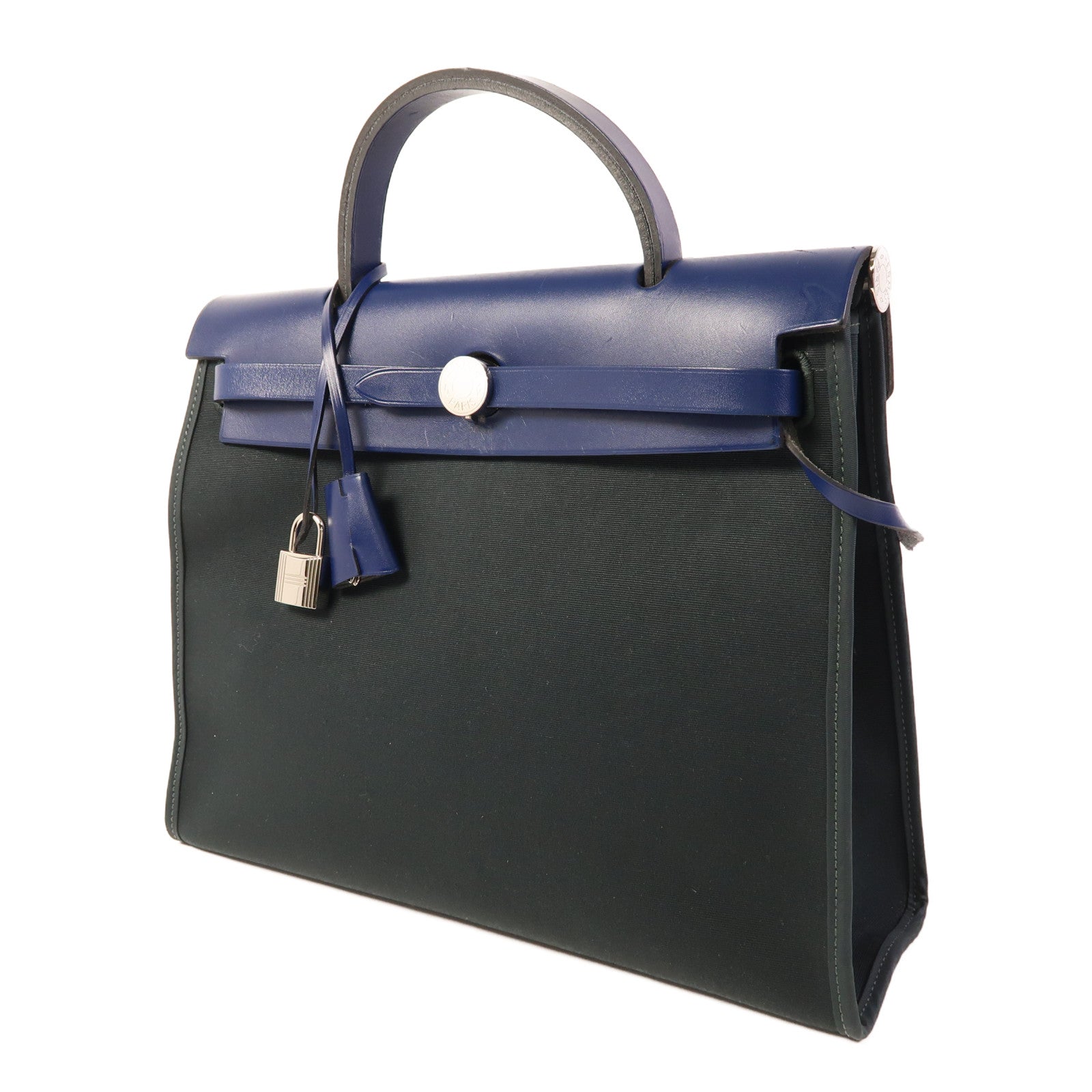HERMES 帆布Herbag PM銀扣手挽肩背兩用袋Vert Cypress/Bleu Saphir