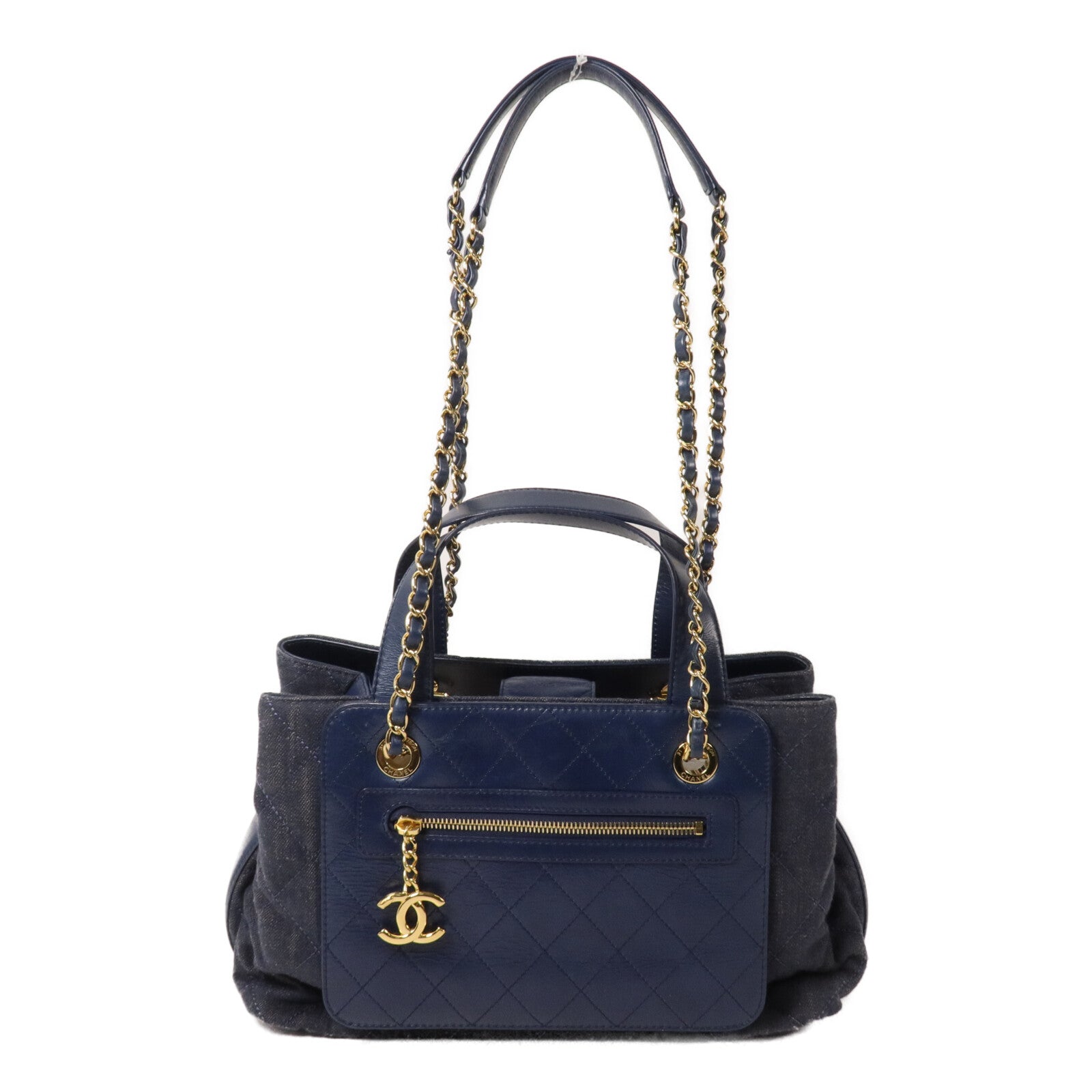 CHANEL 牛仔布/牛皮皮革Shoulder Bag鏈帶手挽肩背兩用袋