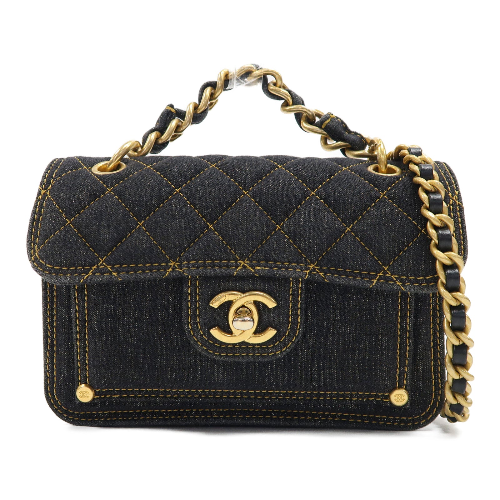CHANEL 菱格牛仔布Chain Shoulder金扣鏈帶肩背袋藍色