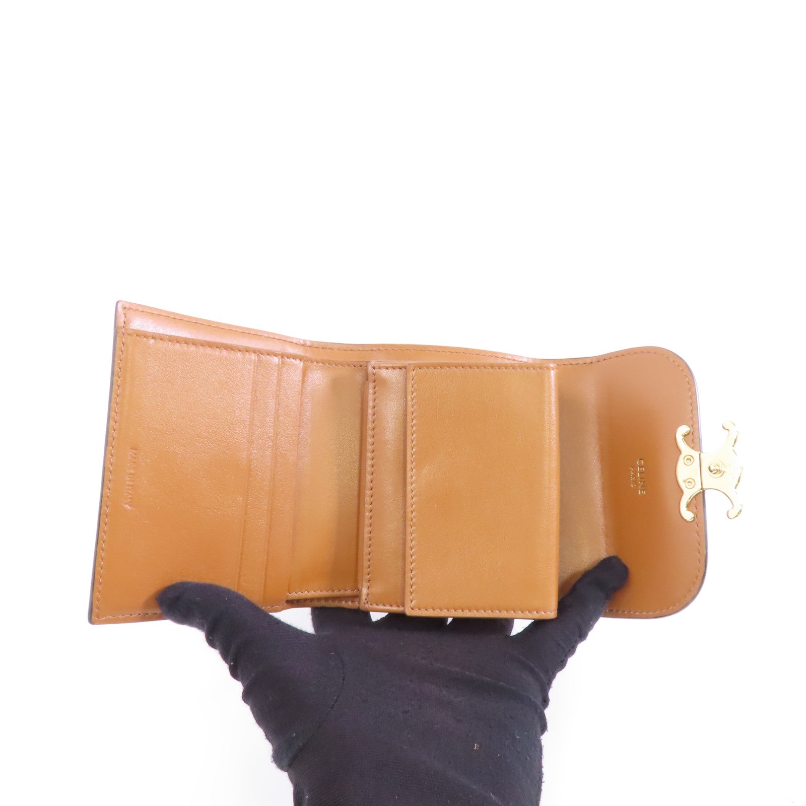 CELINE 塗層帆布/牛皮皮革Small Triomphe Wallet金扣錢包啡色