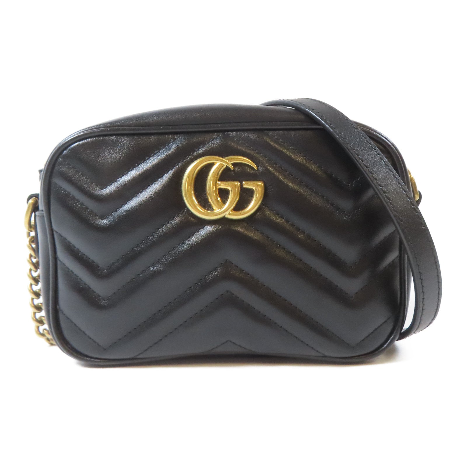 GUCCI 牛皮皮革GG Marmont金扣鏈帶肩背袋黑色