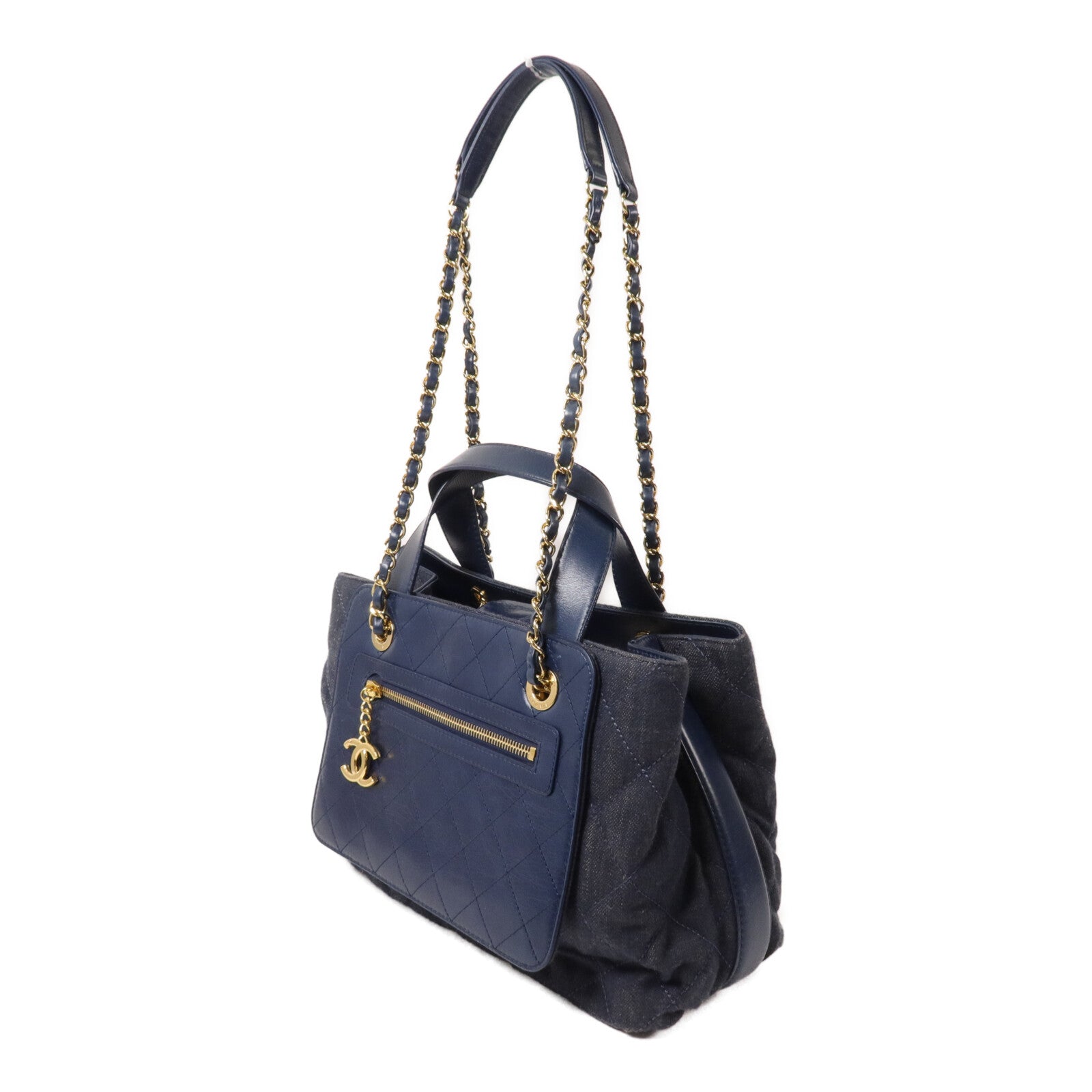 CHANEL 牛仔布/牛皮皮革Shoulder Bag鏈帶手挽肩背兩用袋