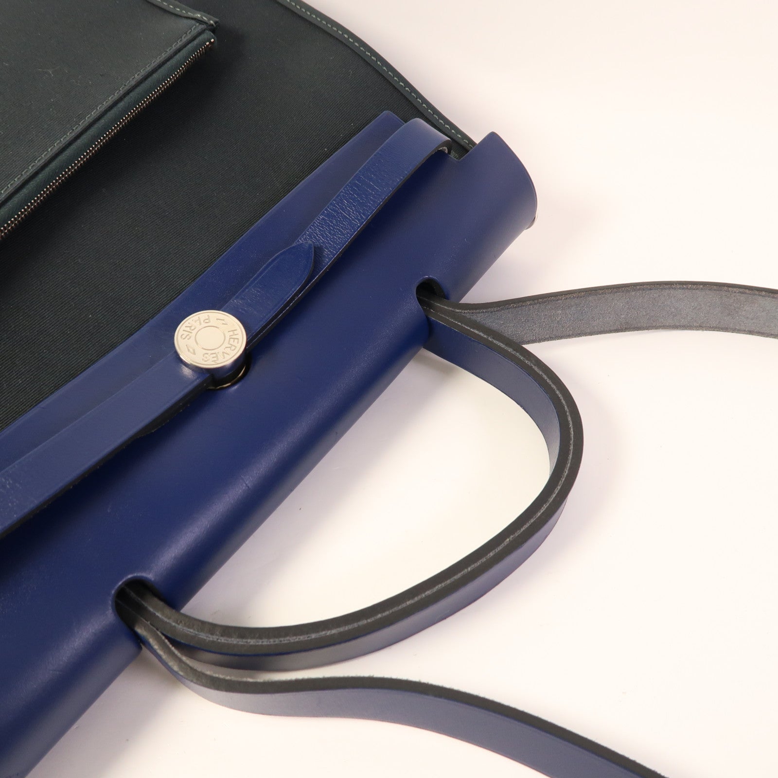 HERMES 帆布Herbag PM銀扣手挽肩背兩用袋Vert Cypress/Bleu Saphir