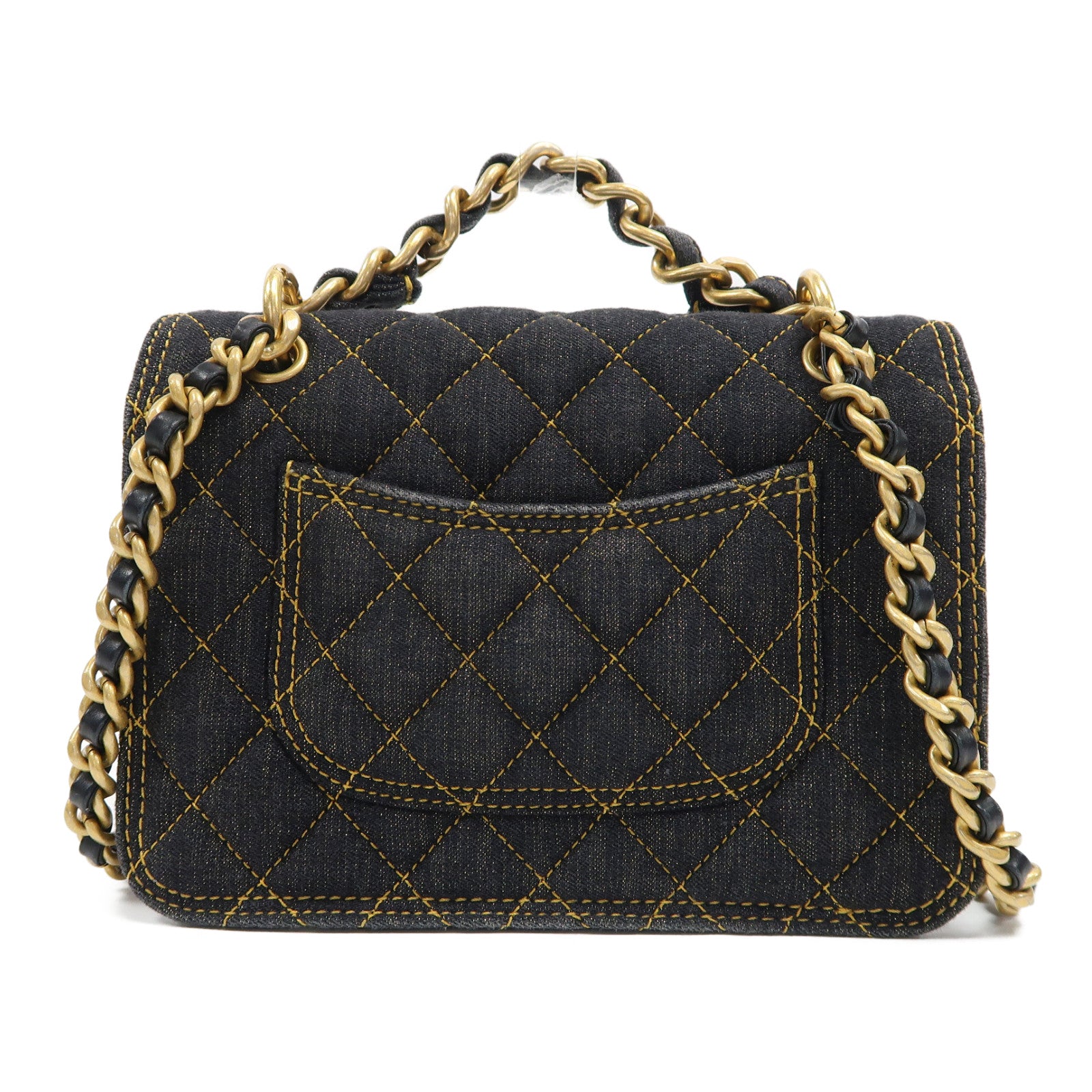 CHANEL 菱格牛仔布Chain Shoulder金扣鏈帶肩背袋藍色