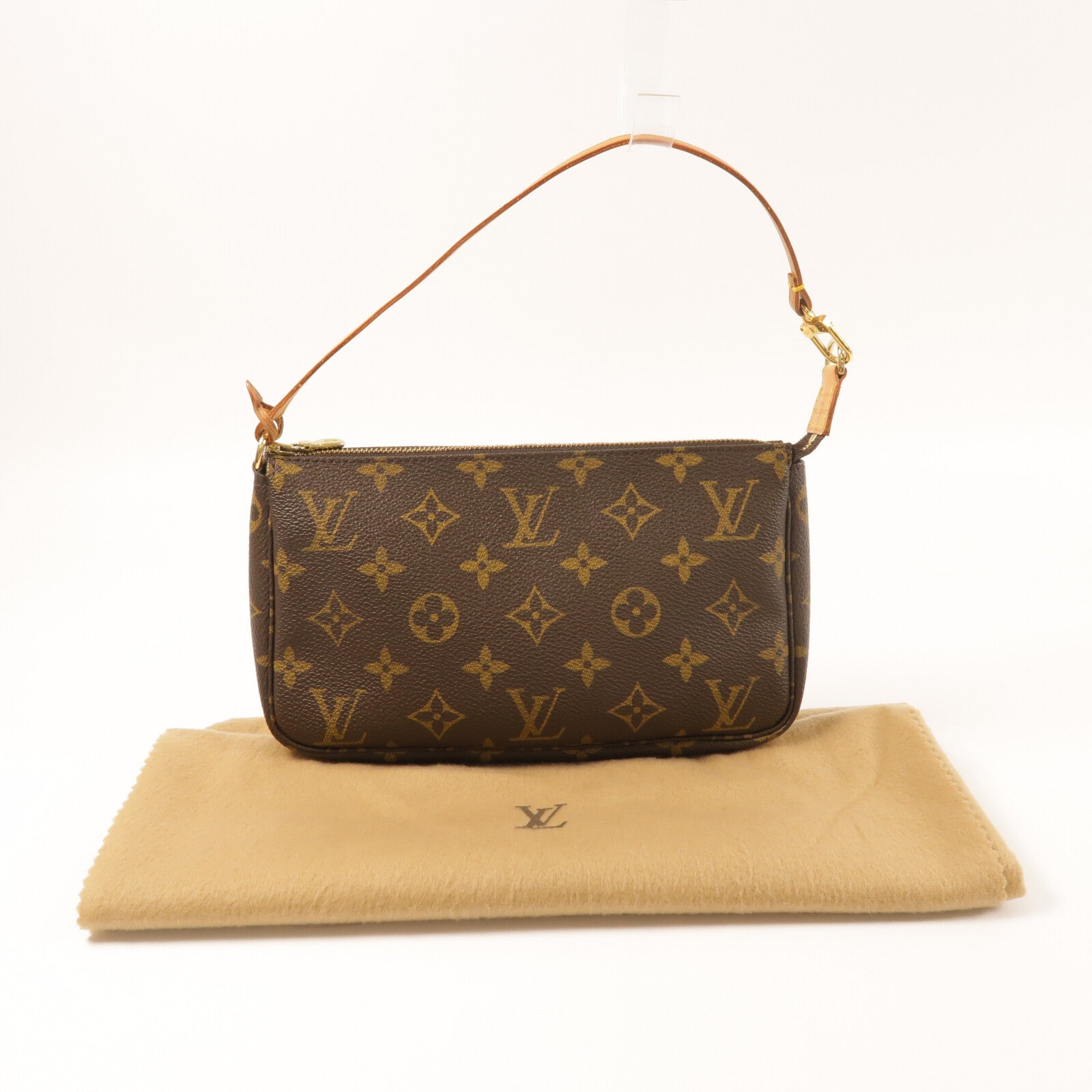 LOUIS VUITTON Monogram Pochette Accessoires金扣手挽袋棕色