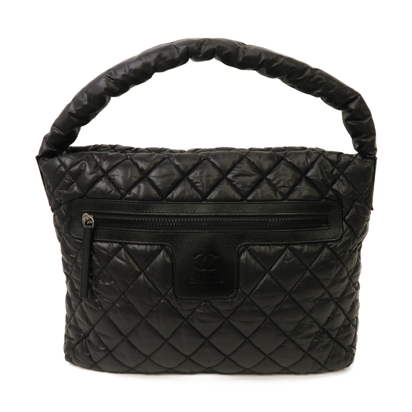 CHANEL 菱格尼龍Shoulder Bag銀扣肩背袋黑色