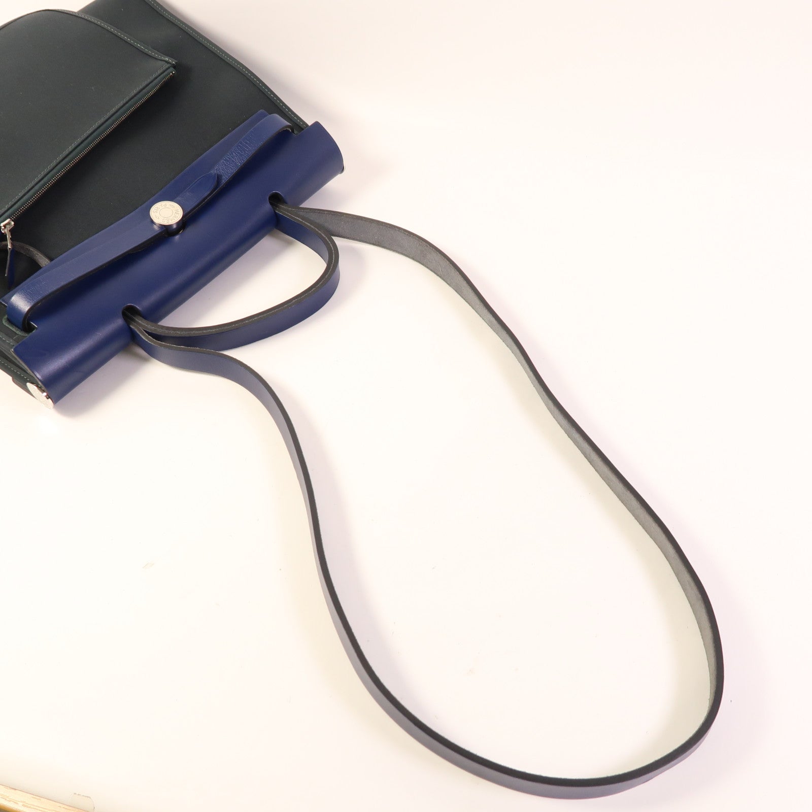 HERMES 帆布Herbag PM銀扣手挽肩背兩用袋Vert Cypress/Bleu Saphir