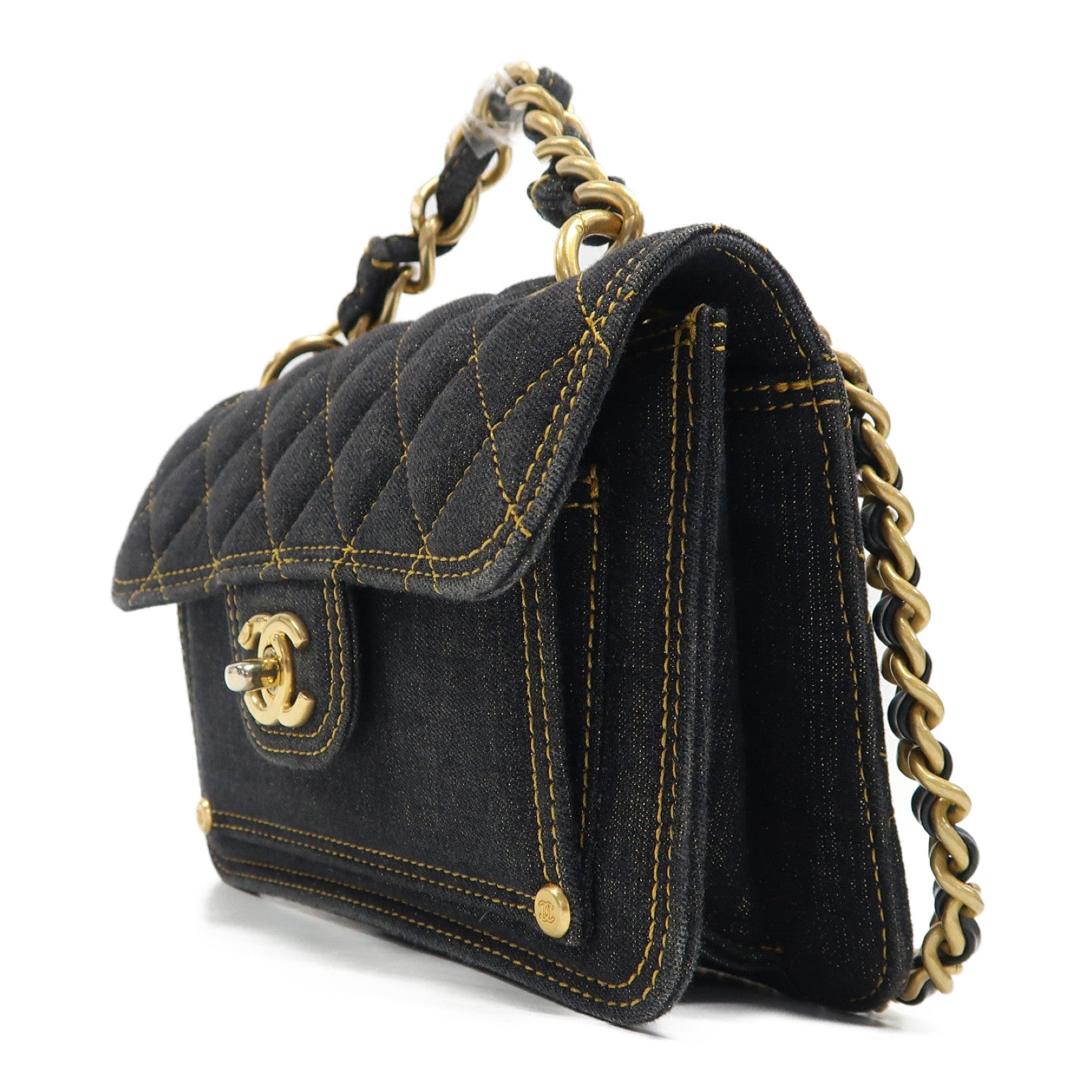 CHANEL 菱格牛仔布Chain Shoulder金扣鏈帶肩背袋藍色