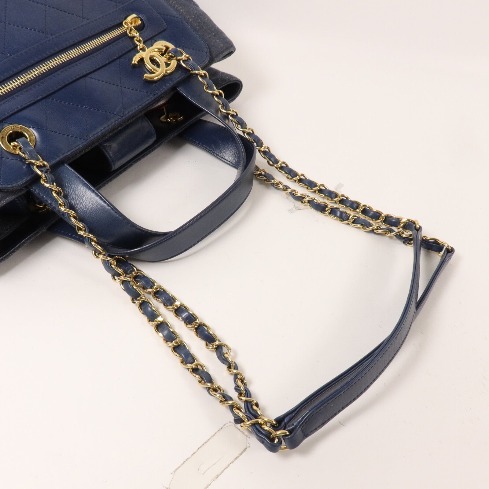 CHANEL 牛仔布/牛皮皮革Shoulder Bag鏈帶手挽肩背兩用袋