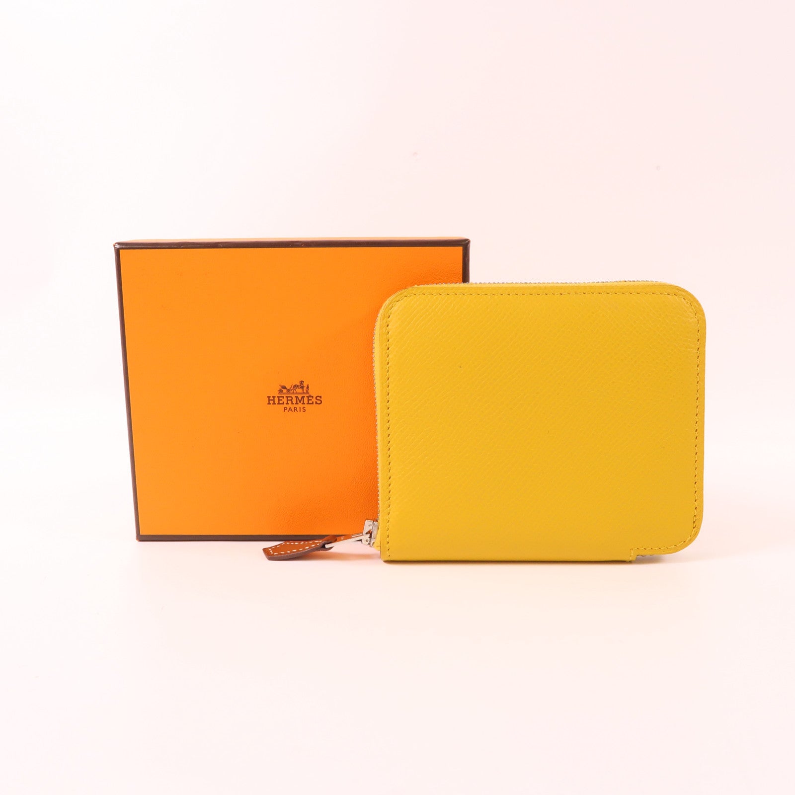 HERMES Evercolor皮革Silk In Compact Wallet銀扣錢包9D Jaune Ambre
