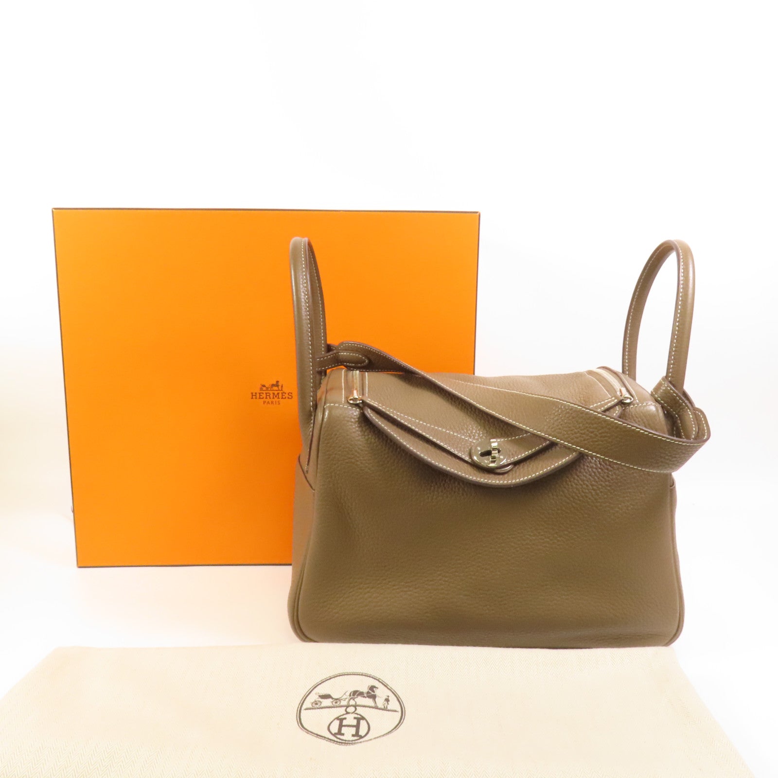 HERMES Clemence皮革Lindy 30銀扣手挽肩背兩用袋Etoupe