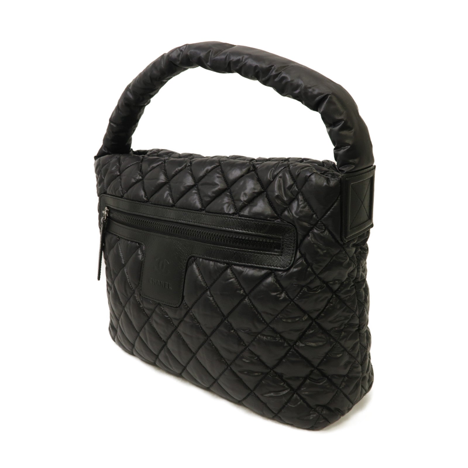 CHANEL 菱格尼龍Shoulder Bag銀扣肩背袋黑色