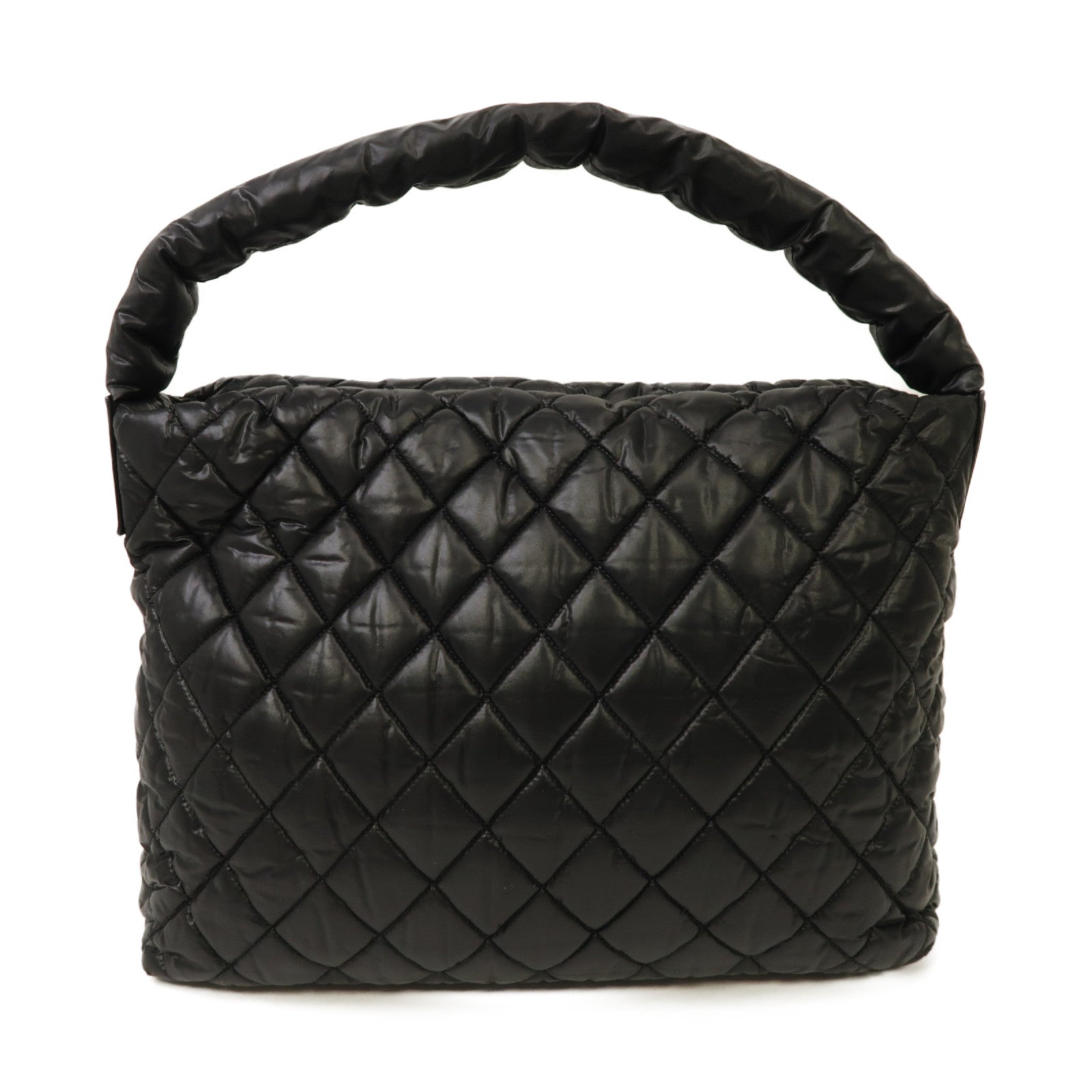 CHANEL 菱格尼龍Shoulder Bag銀扣肩背袋黑色